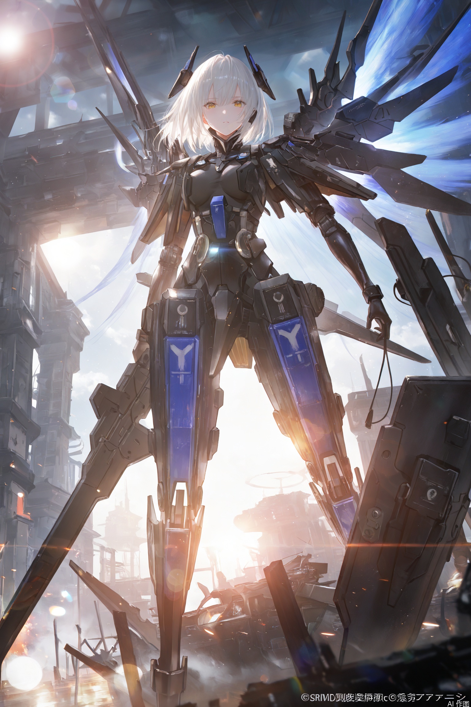depth of field, light particles, lens flare, masterpiece,best quality,((artist:reoen),(artist:fuzichoco),(artist:atdan),(artist:torino_aqua:0.5),year 2024:0.5),(artist:omone_hokoma_agm:0.8), 2d, anime,
1girl, solo, breasts, looking at viewer, short hair, holding,yellow eyes, full body, weapon, white hair, wings, holding weapon, bodysuit, science fiction, shield, mecha musume