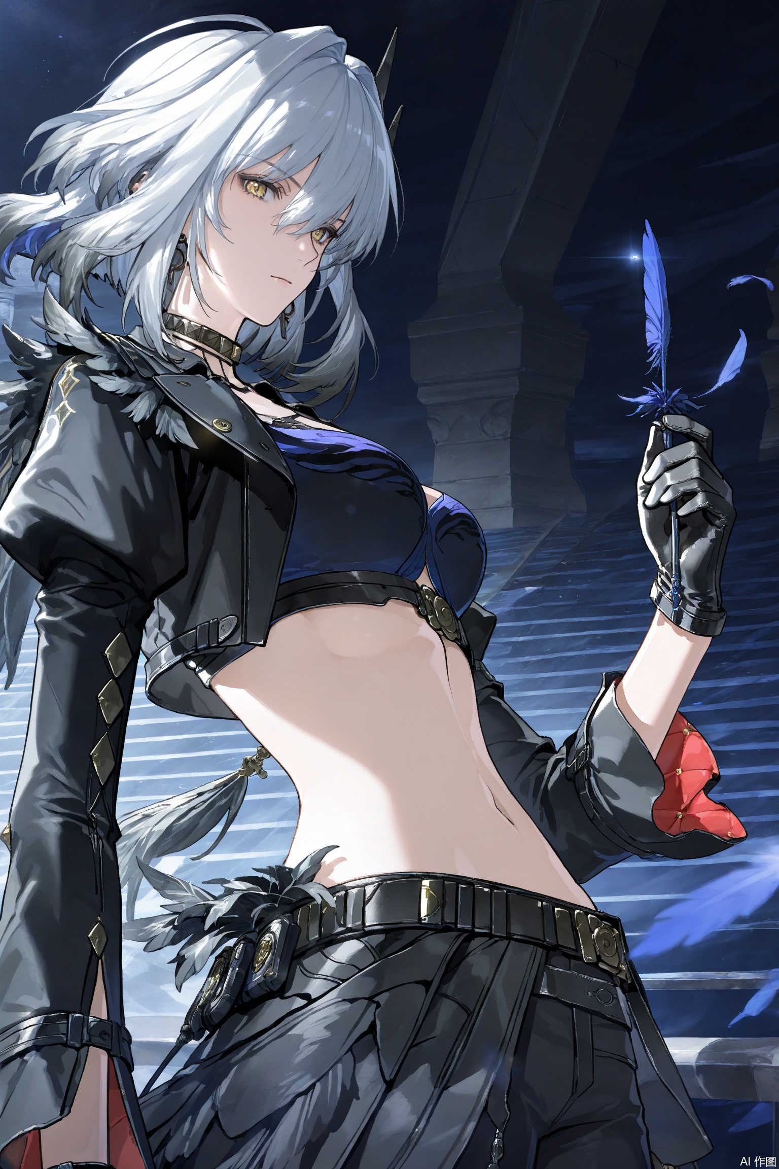 Masterpiece,best quality,ultra-detailed,detailed pupils,photography,high quality,top CG rendering,highest quality,ultra-clear,ultra-detailed,Official Art,Extremely Detailed CG,8k Wallpapers,good figure,HD,game CG, CG,
,galbrena \(wuthering waves\),rosetta,solo,white hair,short hair,yellow eyes,headgear,gloves,black gloves,breasts,cropped jacket,looking at viewer,long sleeves,jacket,pants,black jacket,midriff,jewelry,belt,medium breasts,feathers,black pants,cowboy shot,closed mouth,puffy sleeves,crop top,choker,earrings,navel,juliet sleeves,fur trim,open jacket,open clothes