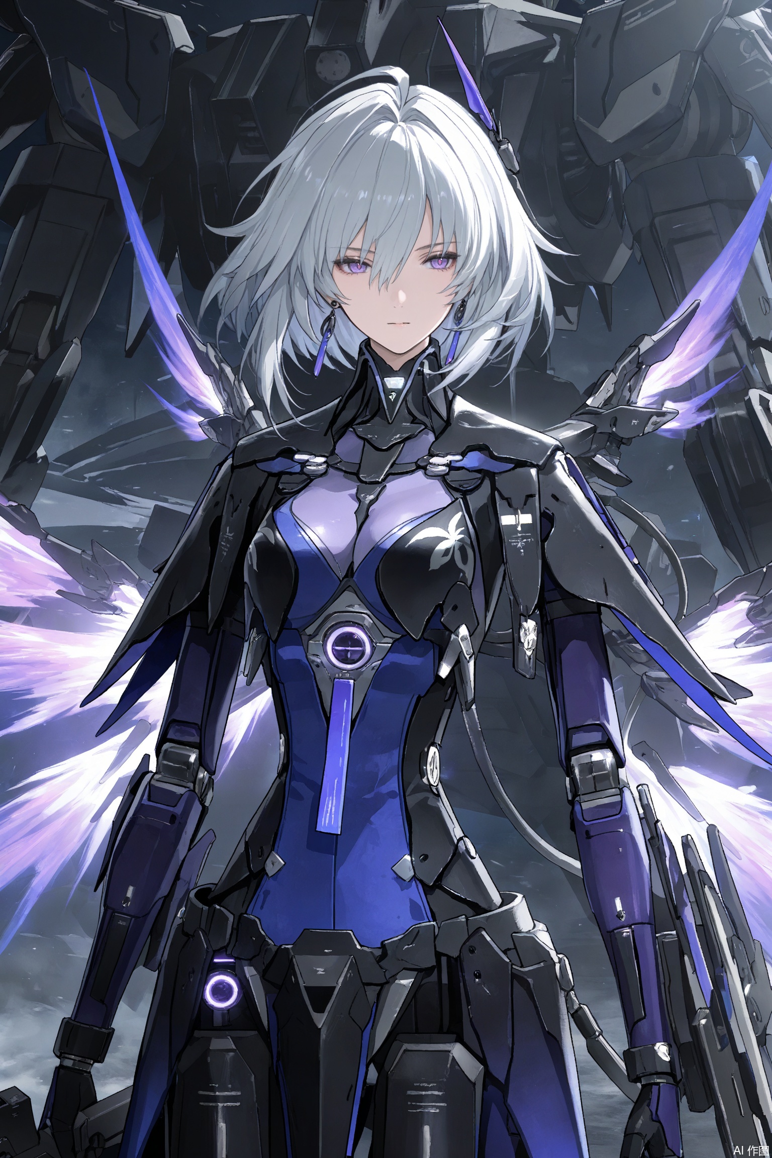 Masterpiece,best quality,ultra-detailed,detailed pupils,photography,high quality,top CG rendering,highest quality,ultra-clear,ultra-detailed,Official Art,Extremely Detailed CG,8k Wallpapers,good figure,HD,game CG, CG,
galbrena \(wuthering waves\),white hair,short hair,purple eyes,earrings,
purple bodysuit, science fiction,wings, mecha musume,cowboy shot,robot,floating,