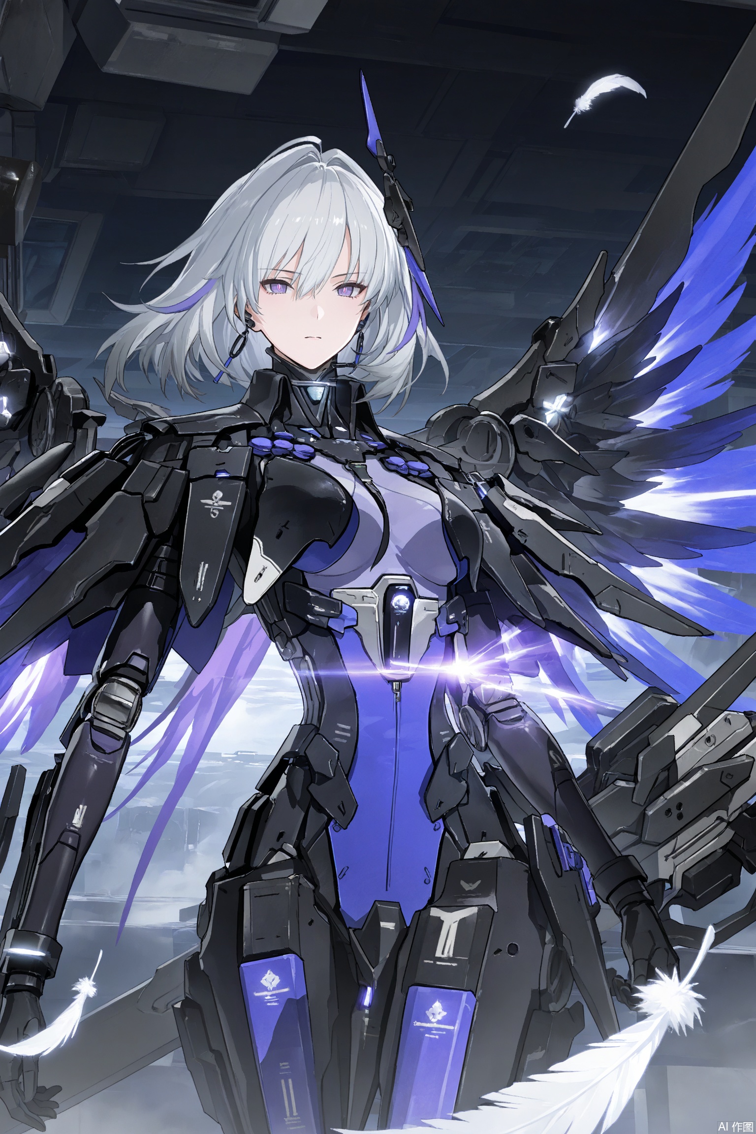 Masterpiece,best quality,ultra-detailed,detailed pupils,photography,high quality,top CG rendering,highest quality,ultra-clear,ultra-detailed,Official Art,Extremely Detailed CG,8k Wallpapers,good figure,HD,game CG, CG,
,galbrena \(wuthering waves\),rosetta,solo,white hair,purple eyes,earringss,wings,purple bodysuit, science fiction, mecha musume,feathers,facing viewer