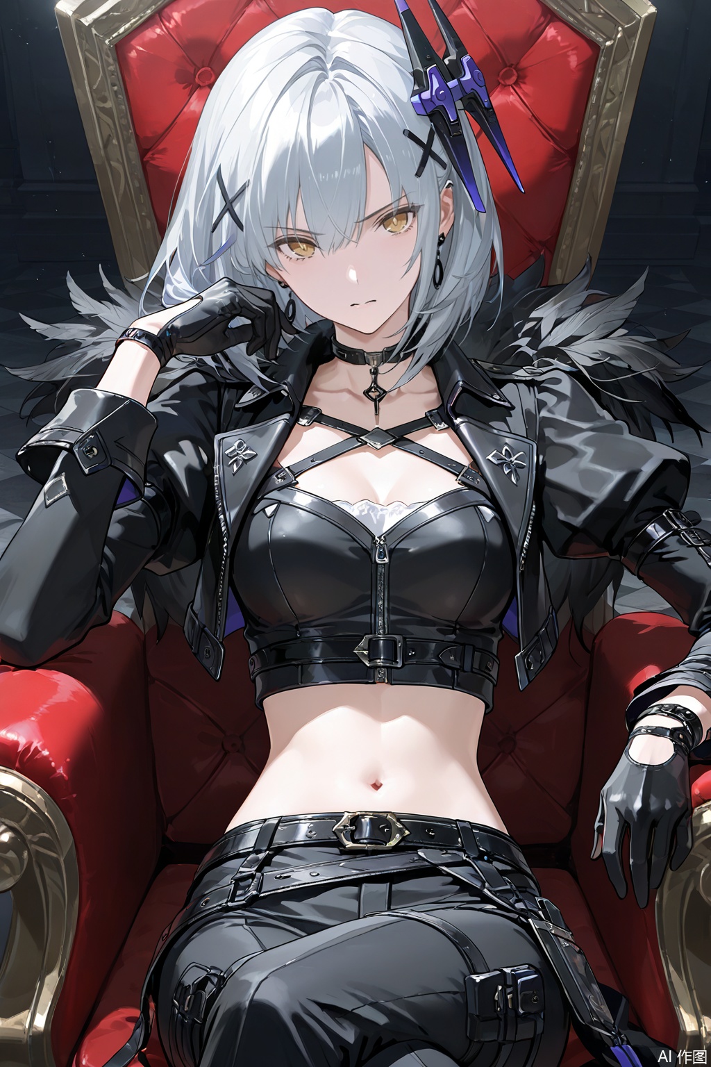 Masterpiece,best quality,ultra-detailed,detailed pupils,photography,high quality,top CG rendering,highest quality,ultra-clear,ultra-detailed,Official Art,Extremely Detailed CG,8k Wallpapers,good figure,HD,game CG, CG,
rosetta,white hair,short hair,yellow eyes,headgear,determined eyes,x hair ornaments,,gloves,black gloves,breasts,cropped jacket,looking at viewer,long sleeves,jacket,pants,black jacket,midriff,jewelry,belt,medium breasts,feathers,black pants,puffy sleeves,crop top,choker,earrings,navel,juliet sleeves,fur trim,open jacket,open clothes,facing viewer,sitting on throne,crossed legs,from above