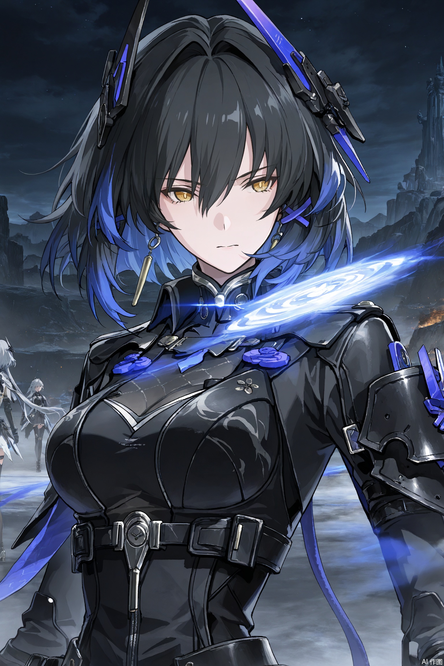 Masterpiece,best quality,ultra-detailed,detailed pupils,photography,high quality,top CG rendering,highest quality,ultra-clear,ultra-detailed,Official Art,Extremely Detailed CG,8k Wallpapers,good figure,HD,game CG, CG,
,galbrena \(wuthering waves\),rosetta,headgear,short hair,amber eyes,