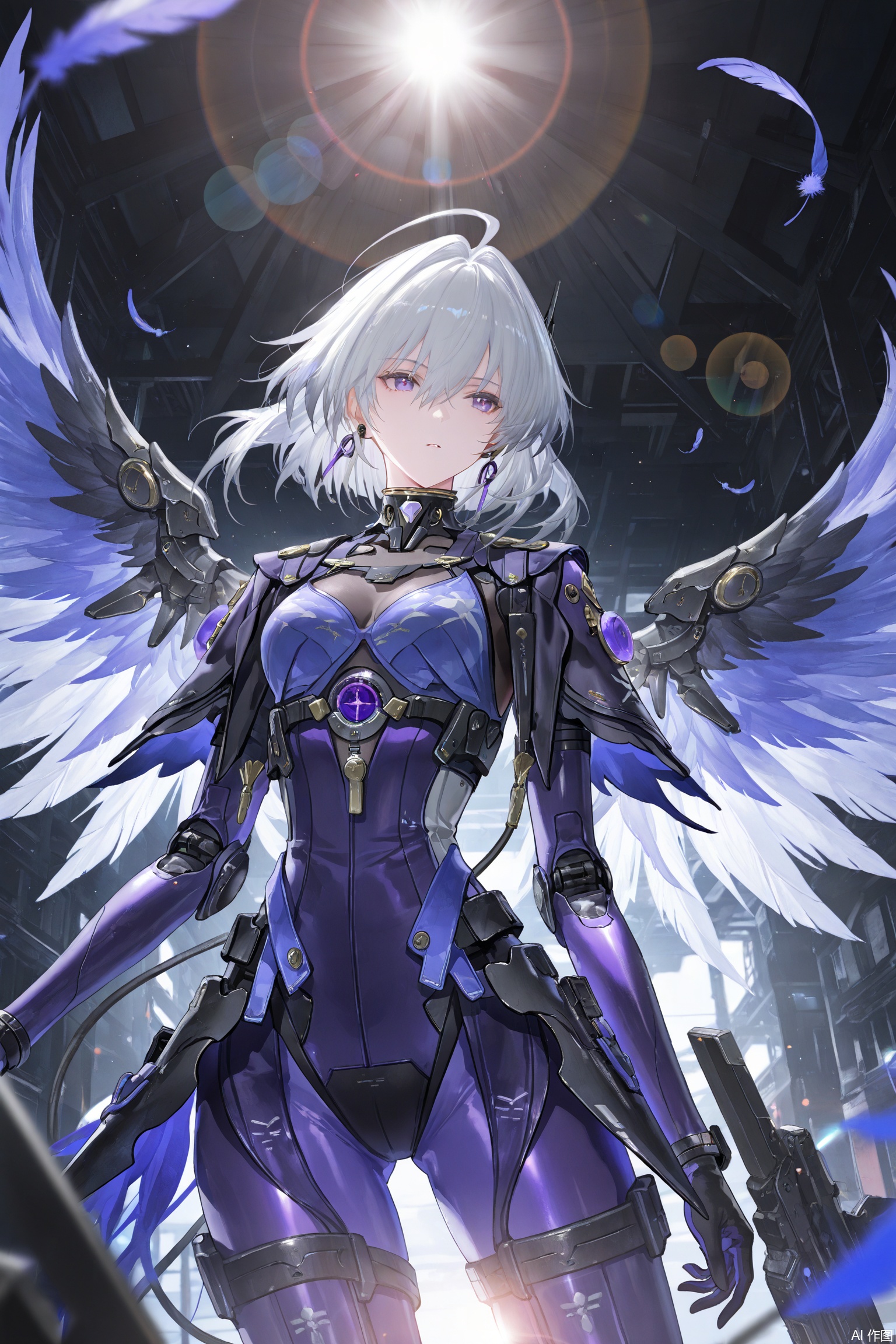 depth of field, light particles, lens flare, masterpiece,best quality,((artist:reoen),(artist:fuzichoco),(artist:atdan),(artist:torino_aqua:0.5),year 2024:0.5),(artist:omone_hokoma_agm:0.8), 2d, anime,
,galbrena \(wuthering waves\),solo,white hair,purple eyes,earringss,wings,purple bodysuit, science fiction, mecha musume,feathers,facing viewer