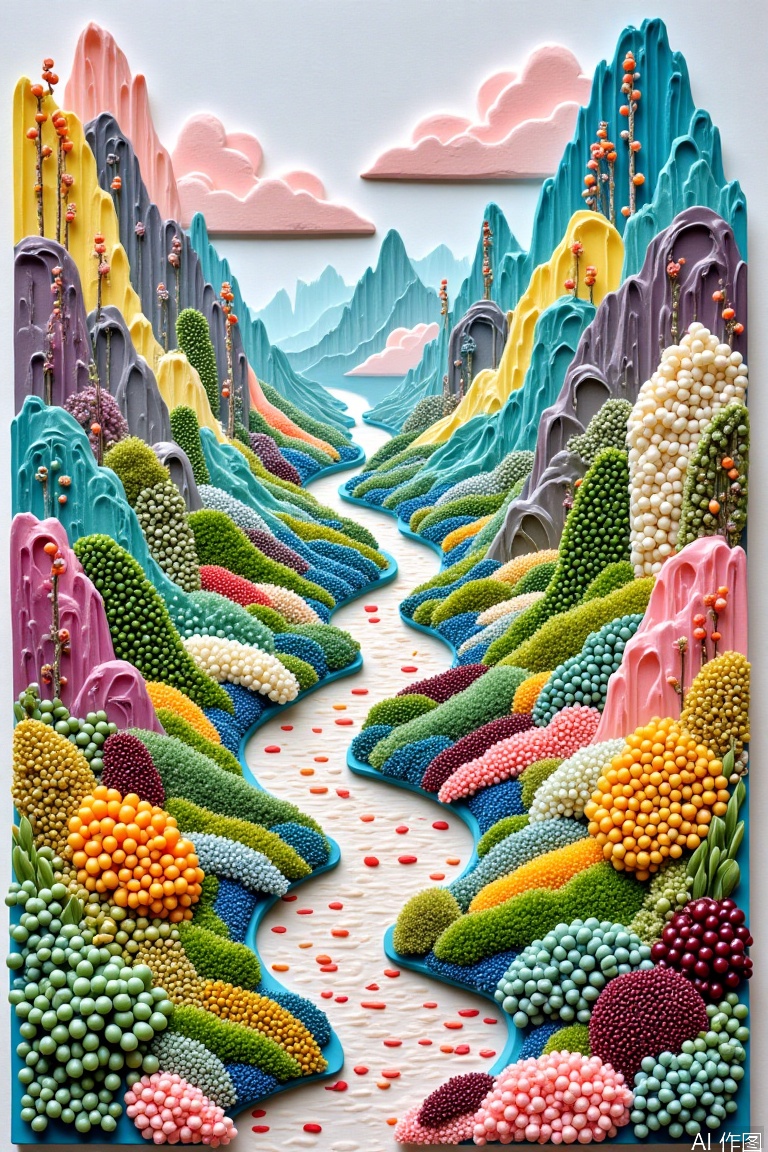 Architectural landscape,Paper art,Dreamwave art,Transparent mech,Mecha creature,Colorful beast,Fluid landscape,Scroll holographic art painting,The world of miniature ingredients,Landscape composed of seeds