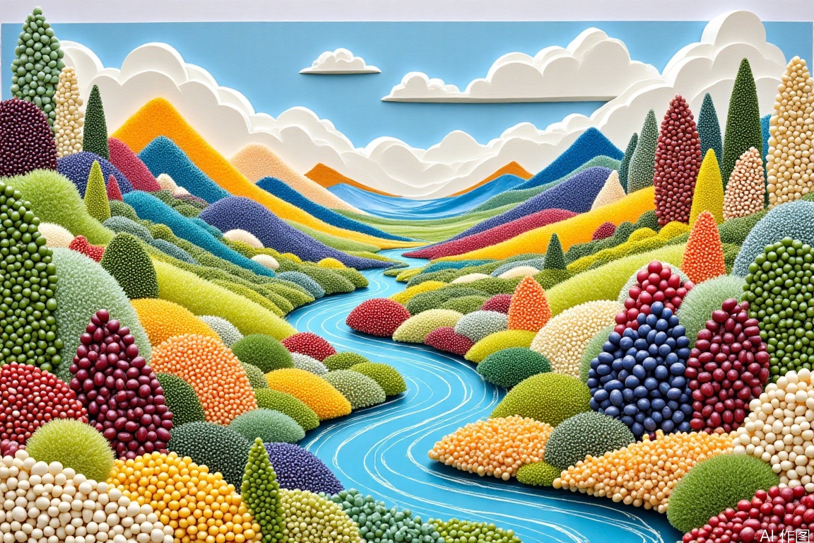 Architectural landscape,Paper art,Dreamwave art,Transparent mech,Mecha creature,Colorful beast,Fluid landscape,Scroll holographic art painting,The world of miniature ingredients,Landscape composed of seeds