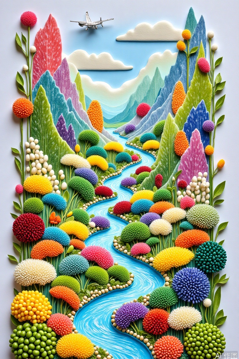 Architectural landscape,Paper art,Dreamwave art,Transparent mech,Mecha creature,Colorful beast,Fluid landscape,Scroll holographic art painting,The world of miniature ingredients,Landscape composed of seeds