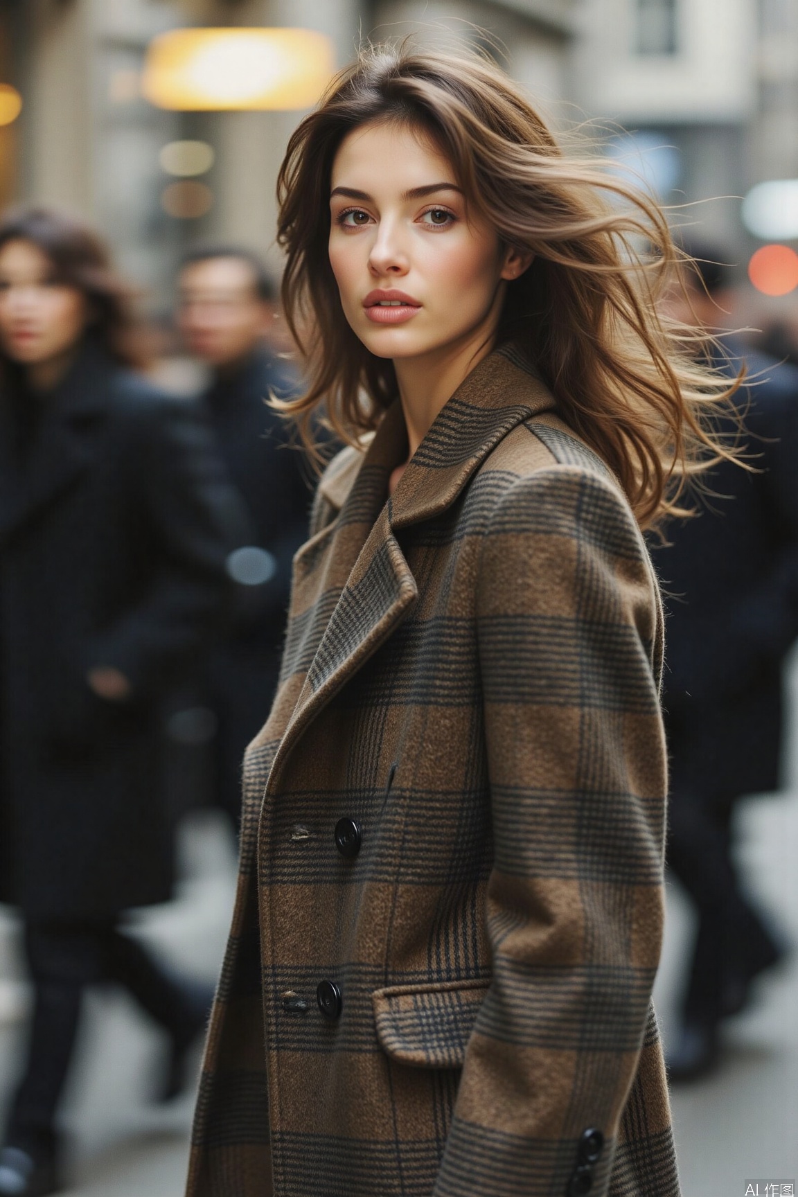 movement and a busy urban environment,blurred background, looking at viewer, This Western woman has a determined gaze. Her bright and energetic brown eyes, along with her three - dimensional and delicate facial features, are striking. Her long hair is flying freely, and her distinct facial contours give her an overall confident and composed posture. She is wearing a long checkered coat with clear patterns and good texture. The simple design highlights her unique fashion taste.