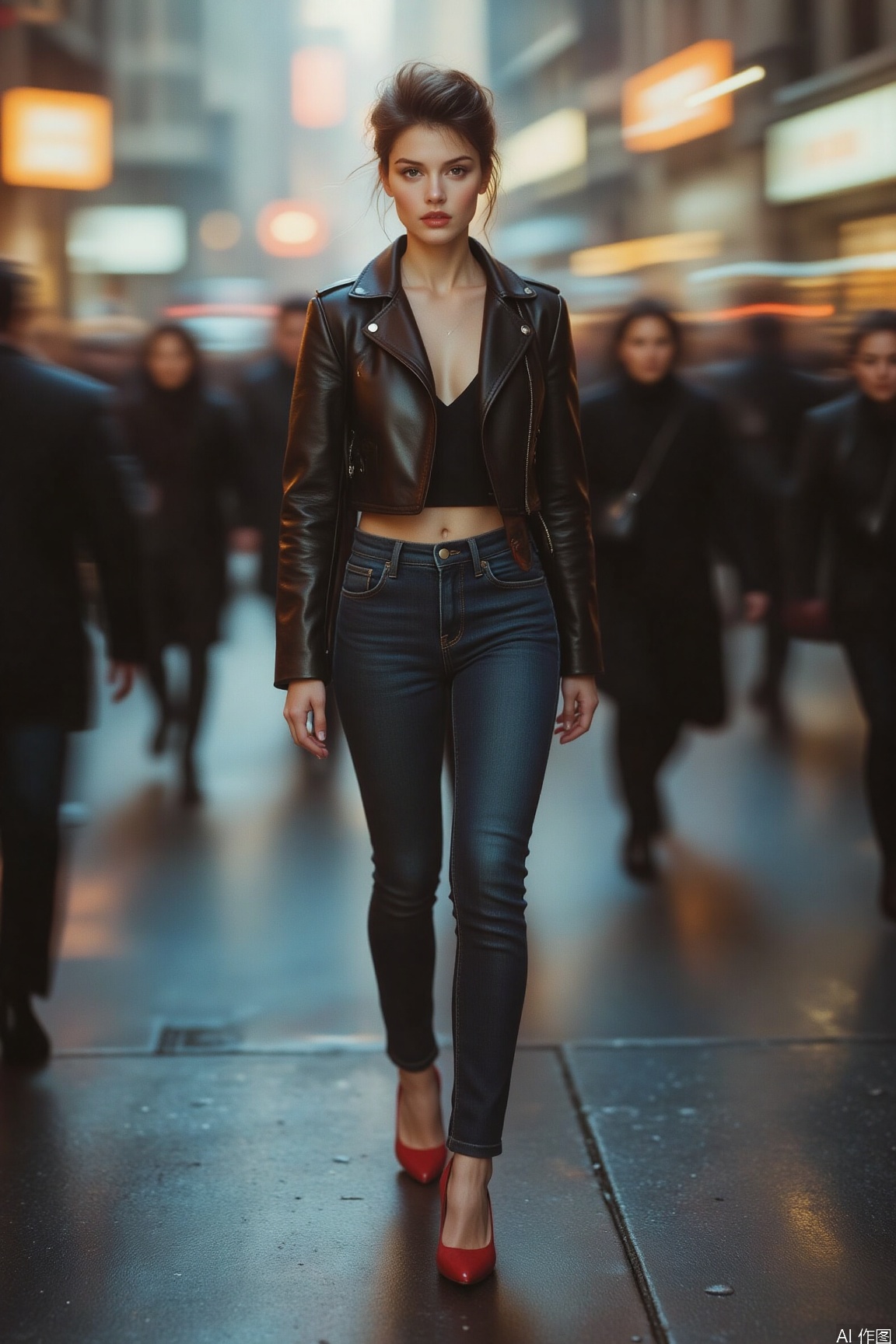 On the streets and alleys of a fashionable city, a Western female model is walking forward with confident steps. There are flashing neon signs and hurried passers-by around her. She has neat short hair, sharp eyes and delicate makeup. She is wearing a black leather short jacket on the upper body, paired with tight jeans and red high heels on the lower body. With the help of depth of field, blur the surrounding hustle and bustle, making the model's aura the core of the picture and showing the modern style.