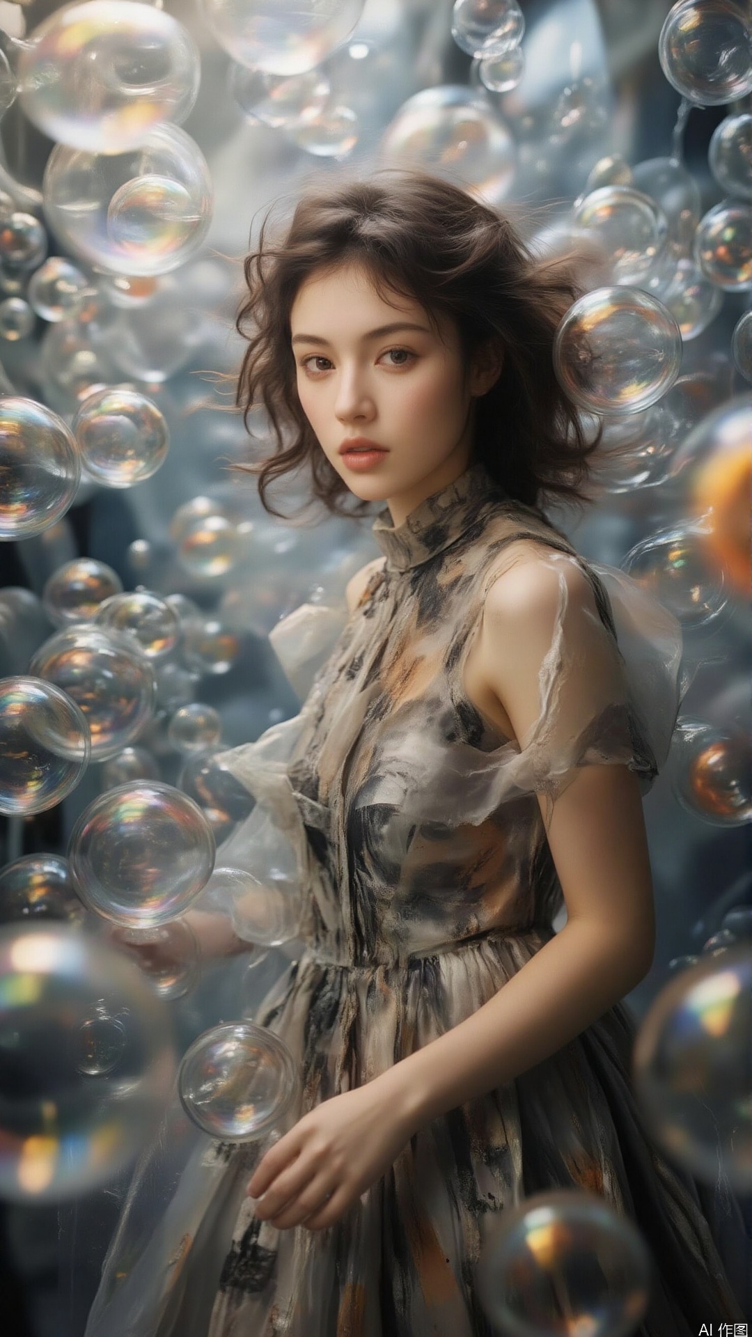 surrounded by bubbles,bubble, looking at viewer, This girl has dark curly hair, a slim figure, and a delicate face. She is wearing a tulle dress with gray and orange patterns, the design is complex and layered, making the overall look elegant and artistic. Surrounded by bubbles, she seems to be in a dreamy world.,vivid color