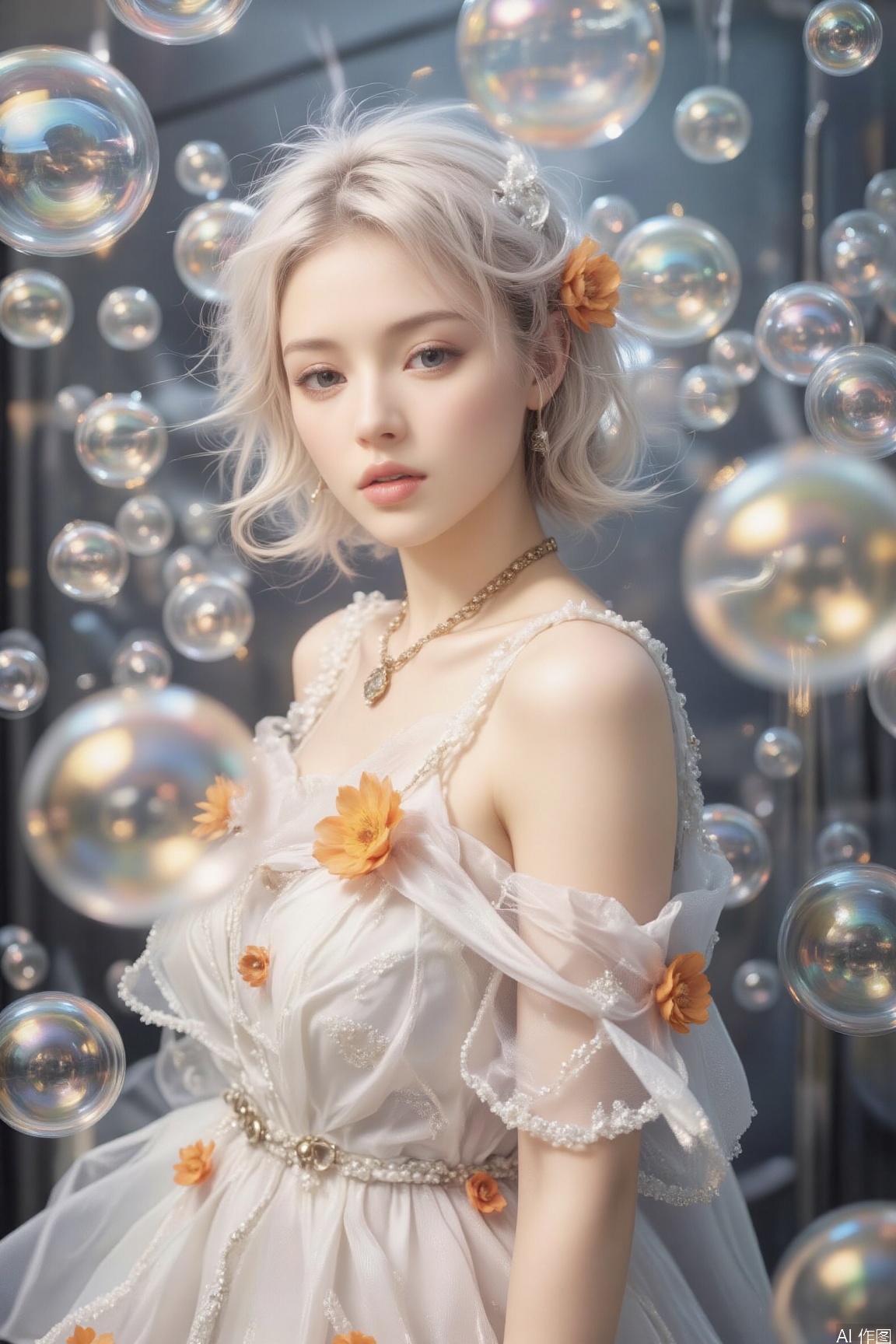 surrounded by bubbles,bubble, looking at viewer, This girl has fluffy white short hair, a petite figure, and a lovely face. She is wearing a white tulle dress adorned with orange decorations, which looks lively and vivid.,vivid color,necklace
