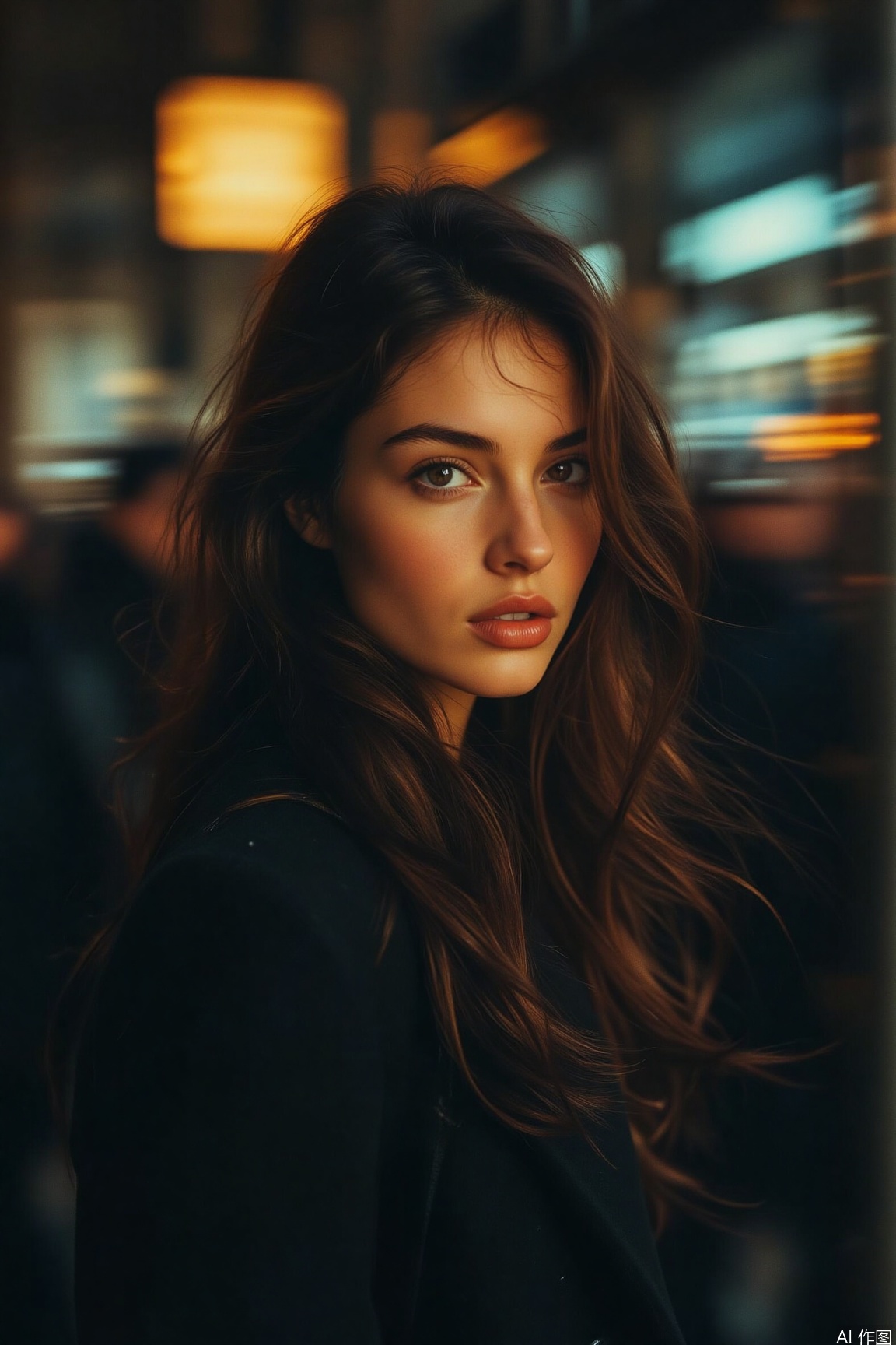 Under the soft indoor lighting, the elegant woman's face is painted with light and shadow. Sony A7R4 camera, aperture f/4, shutter speed 1/60 second, ISO 400. The colors are rich, with a cool tone, creating a tranquil atmosphere.,rainy night,vivid color