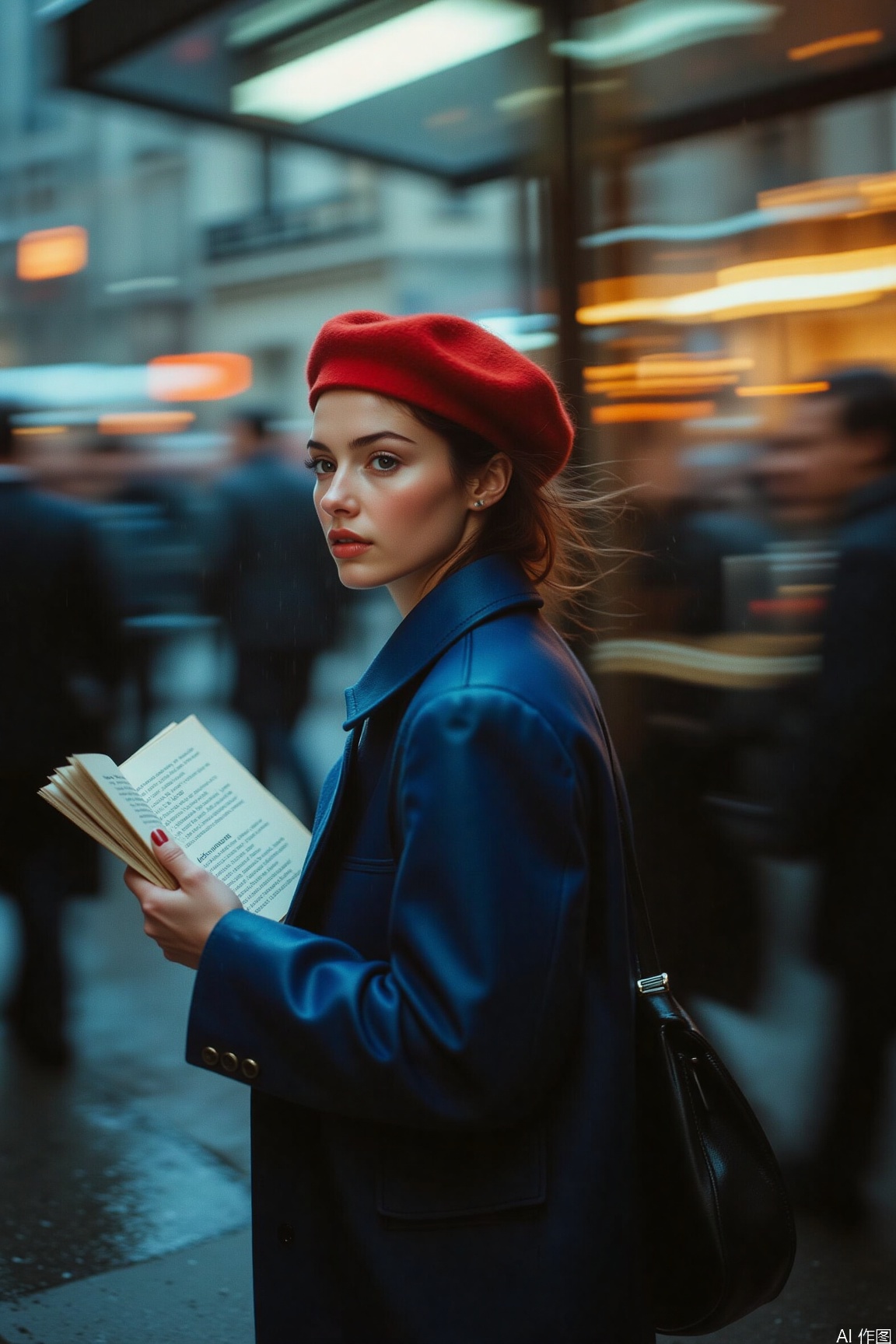 On the streets of New York under heavy rain, the ground is slippery and reflective. Vehicles speed by, splashing up numerous water flowers. The ceaseless flowing scene has a special sense of movement in the rain curtain. The street shop windows are brightly lit, and the neon lights create a hazy feasting and revelry scene in the rain. A woman wearing a red beret and a blue raincoat stands under the bus stop. She is looking intently into the distance, holding an open poetry collection in her hand, as if immersed in her own spiritual world. Shoot with an Olympus OM-D E-M1 Mark III camera, aperture f/3.2, shutter 1/80s, ISO 800. The overall picture presents a color tone of cold blue and warm red interwoven. New York in the rain and the woman form a poetic picture.
