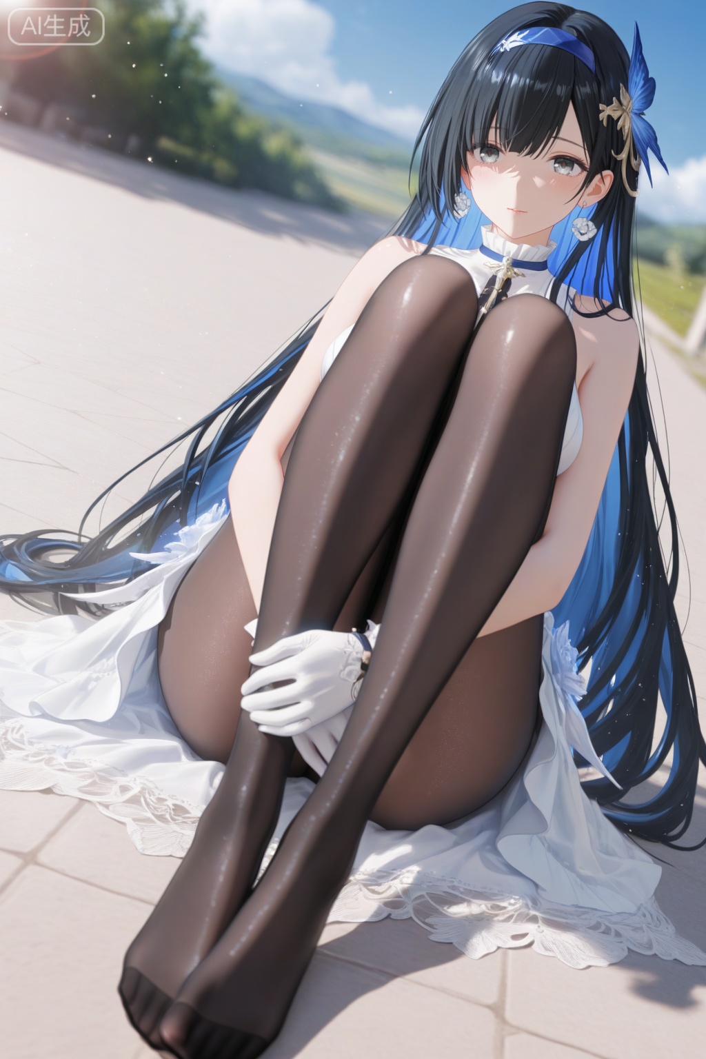 depth of field,light particles,lens flare,masterpiece,best quality,absurdres,newest,very aesthetic,amazing quality,highres,light particles,lens flare,motion blur,dutch angle,masterpiece,best quality,amazing quality,lazypos,lazyup,high detail,subtle,high contrast,real background,smooth shading,glossy surfaces,colorful depth,enthusiasm,diagonal angle,high angle,dak depth,masterful shading,low kye,dak depth,chiaroscuro,impasto,(shallow depth of field:1.4),((artist:reoen),(artist:fuzichoco),(artist:atdan),(artist:torino_aqua:0.5),year 2024:0.5),(artist:omone_hokoma_agm:0.8),2d,anime,from above,dutch angle,1girl,solo,long hair,breasts,looking at viewer,bangs,blue eyes,black hair,hair ornament,gloves,dress,bare shoulders,closed mouth,blue hair,flower,multicolored hair,hairband,sleeveless,white gloves,two-tone hair,sleeveless dress,colored inner hair,detailed eyes,black pantyhose,sitting,feet, toes,outdoors,blue sky,sunlight,day,from above,hugging own legs,selena,gentle smile,parted lips,shiny skin,perfect feet