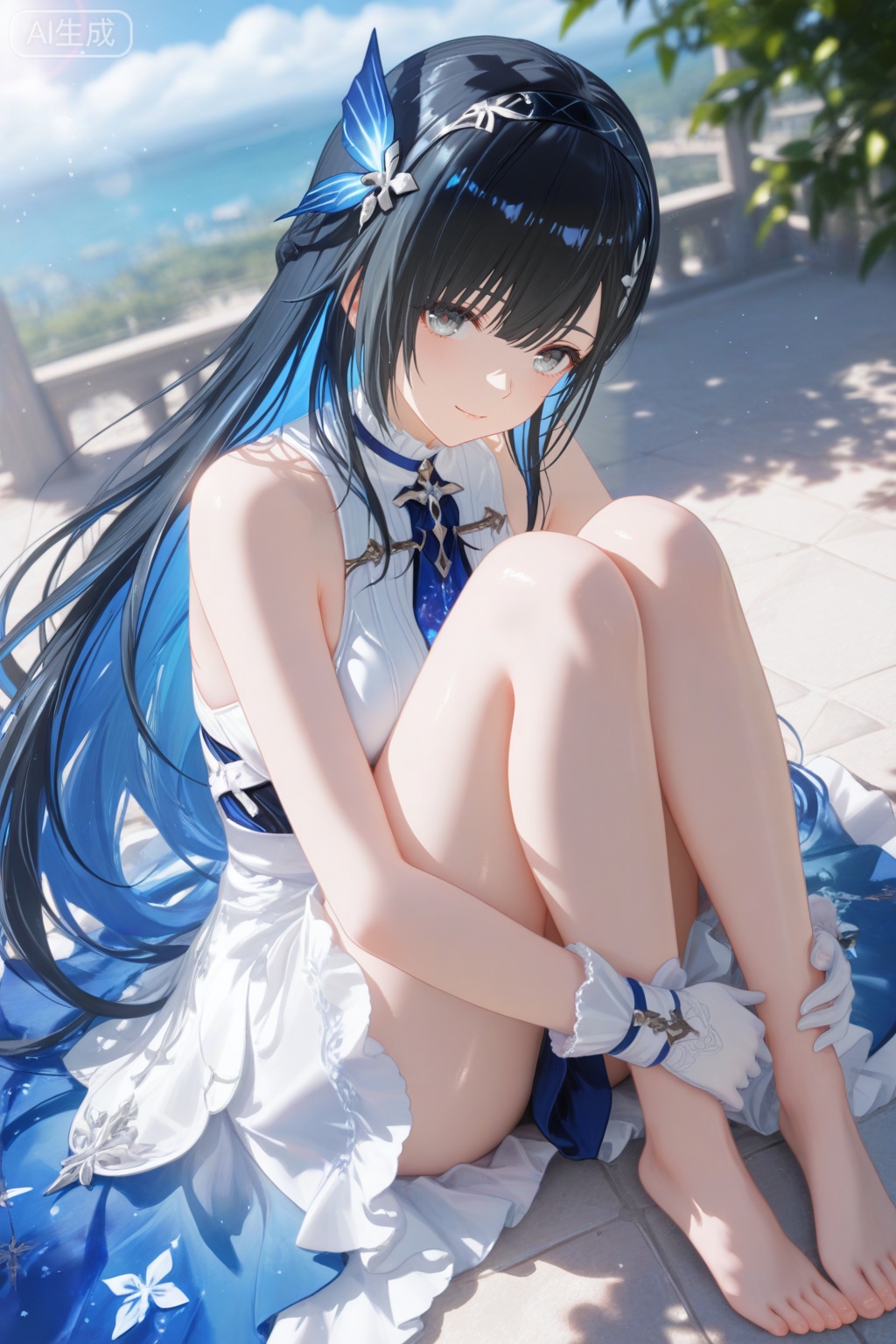 depth of field,light particles,lens flare,masterpiece,best quality,absurdres,newest,very aesthetic,amazing quality,highres,light particles,lens flare,motion blur,dutch angle,masterpiece,best quality,amazing quality,lazypos,lazyup,high detail,subtle,high contrast,real background,smooth shading,glossy surfaces,colorful depth,enthusiasm,diagonal angle,high angle,dak depth,masterful shading,low kye,dak depth,chiaroscuro,impasto,(shallow depth of field:1.4),((artist:reoen),(artist:fuzichoco),(artist:atdan),(artist:torino_aqua:0.5),year 2024:0.5),(artist:omone_hokoma_agm:0.8),2d,anime,from above,dutch angle,1girl,solo,long hair,breasts,looking at viewer,bangs,blue eyes,black hair,hair ornament,gloves,dress,bare shoulders,closed mouth,blue hair,flower,multicolored hair,hairband,sleeveless,white gloves,two-tone hair,sleeveless dress,colored inner hair,detailed eyes,barefoot,sitting,feet, toes,outdoors,blue sky,sunlight,day,from above,hugging own legs,selena,gentle smile,parted lips,shiny skin,perfect feet