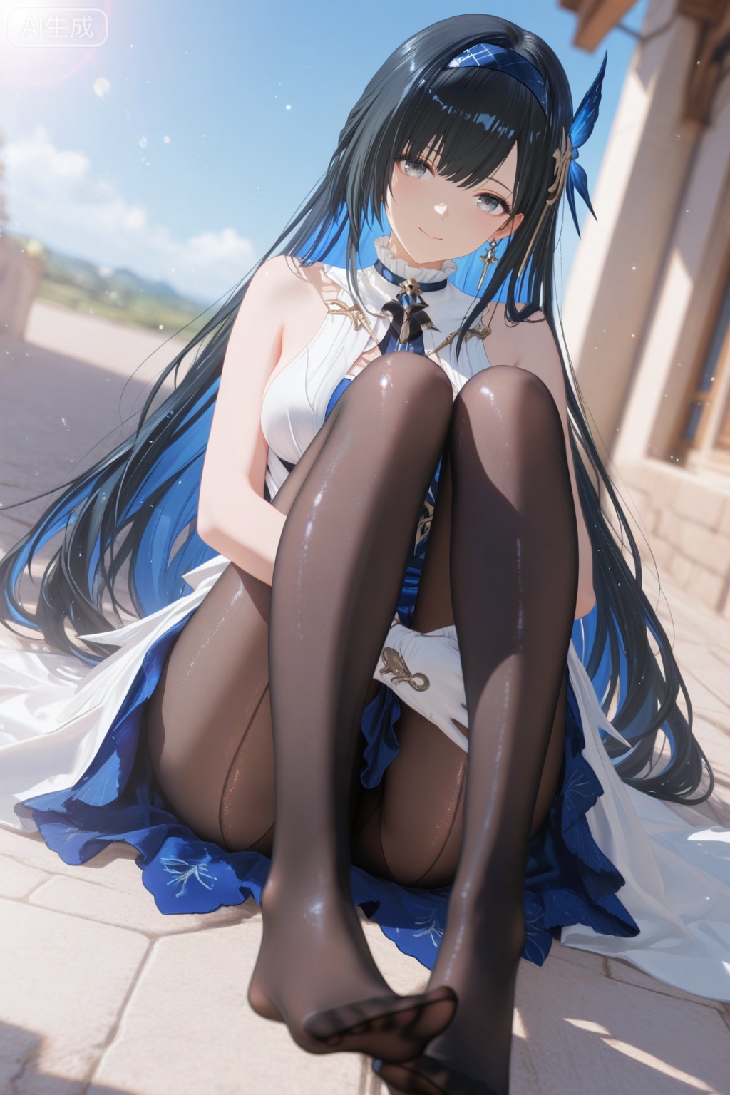 depth of field,light particles,lens flare,masterpiece,best quality,absurdres,newest,very aesthetic,amazing quality,highres,light particles,lens flare,motion blur,dutch angle,masterpiece,best quality,amazing quality,lazypos,lazyup,high detail,subtle,high contrast,real background,smooth shading,glossy surfaces,colorful depth,enthusiasm,diagonal angle,high angle,dak depth,masterful shading,low kye,dak depth,chiaroscuro,impasto,(shallow depth of field:1.4),((artist:reoen),(artist:fuzichoco),(artist:atdan),(artist:torino_aqua:0.5),year 2024:0.5),(artist:omone_hokoma_agm:0.8),2d,anime,from above,dutch angle,1girl,solo,long hair,breasts,looking at viewer,bangs,blue eyes,black hair,hair ornament,gloves,dress,bare shoulders,closed mouth,blue hair,flower,multicolored hair,hairband,sleeveless,white gloves,two-tone hair,sleeveless dress,colored inner hair,detailed eyes,black pantyhose,sitting,feet, toes,outdoors,blue sky,sunlight,day,from above,hugging own legs,selena,gentle smile,parted lips,shiny skin,perfect feet