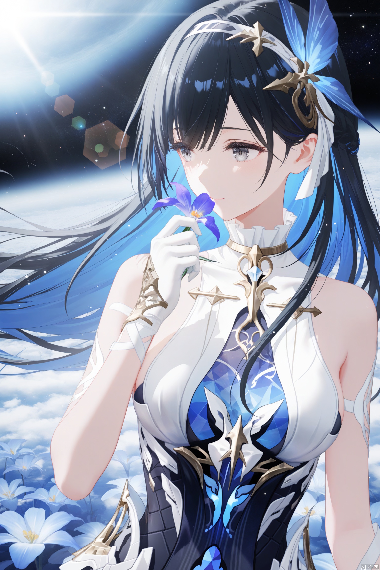 depth of field, light particles, lens flare, masterpiece,best quality,((artist:reoen),(artist:fuzichoco),(artist:atdan),(artist:torino_aqua:0.5),year 2024:0.5),(artist:omone_hokoma_agm:0.8), 2d, anime,
1girl, solo, long hair, breasts,  bangs,grey eyes, black hair, hair ornament, gloves, dress, bare shoulders, closed mouth, blue hair, flower, multicolored hair,hairband, sleeveless, white gloves, two-tone hair, colored inner hair, space, selena,Holding a iris,iris,holding flower,outdoors,flower sea,sunlight,windy,floating hair,playing own hair,head titled,gentle smile,front view,upper_body,close up,looking to side,