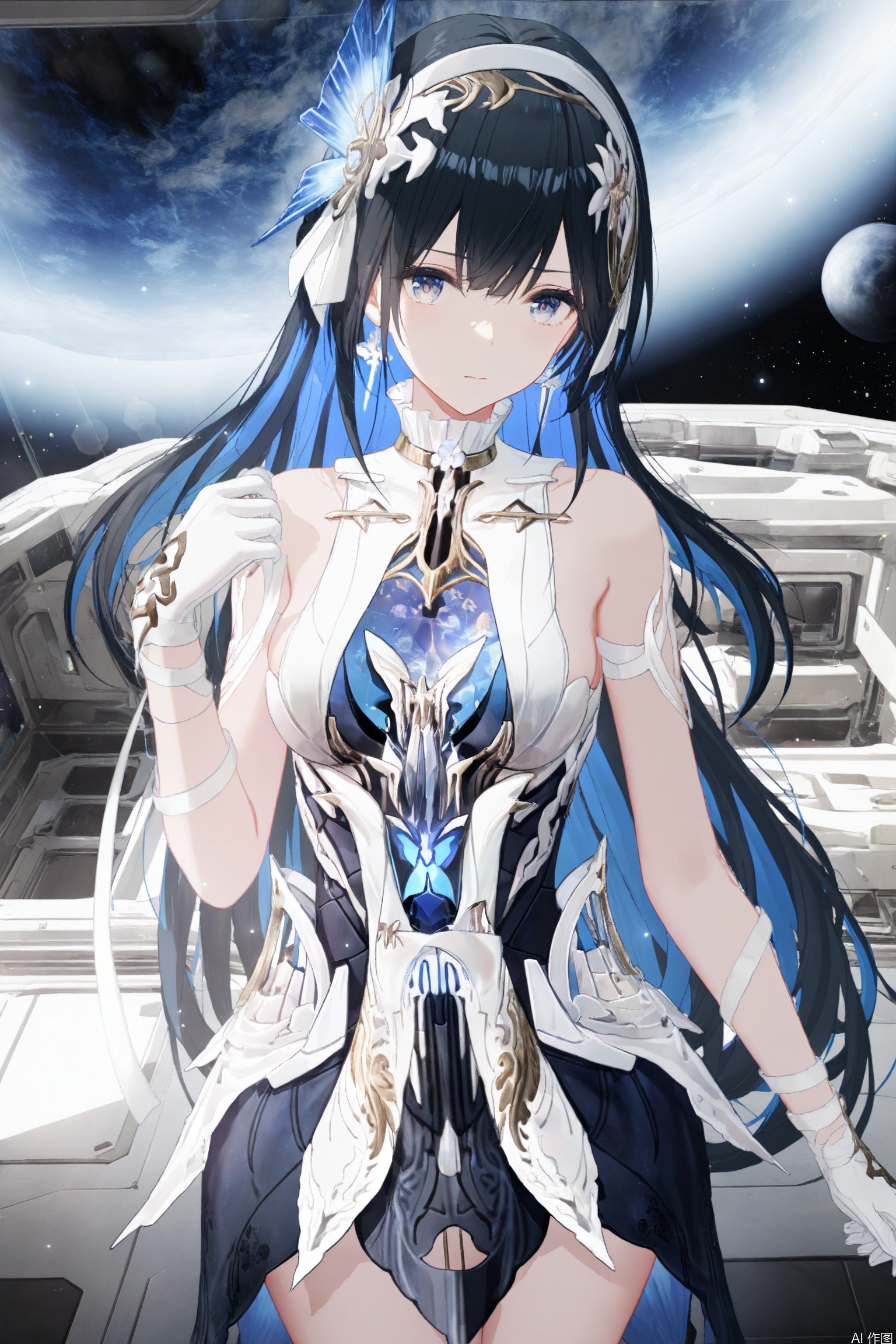 depth of field, light particles, lens flare, masterpiece,best quality,((artist:reoen),(artist:fuzichoco),(artist:atdan),(artist:torino_aqua:0.5),year 2024:0.5),(artist:omone_hokoma_agm:0.8), 2d, anime,from above,dutch angle,
1girl, solo, long hair, breasts, looking at viewer, bangs, blue eyes, black hair, hair ornament, gloves, dress, bare shoulders, closed mouth, blue hair, flower, multicolored hair, cowboy shot, hairband, sleeveless, white gloves, two-tone hair, sleeveless dress, moon, colored inner hair, space, planet,selena