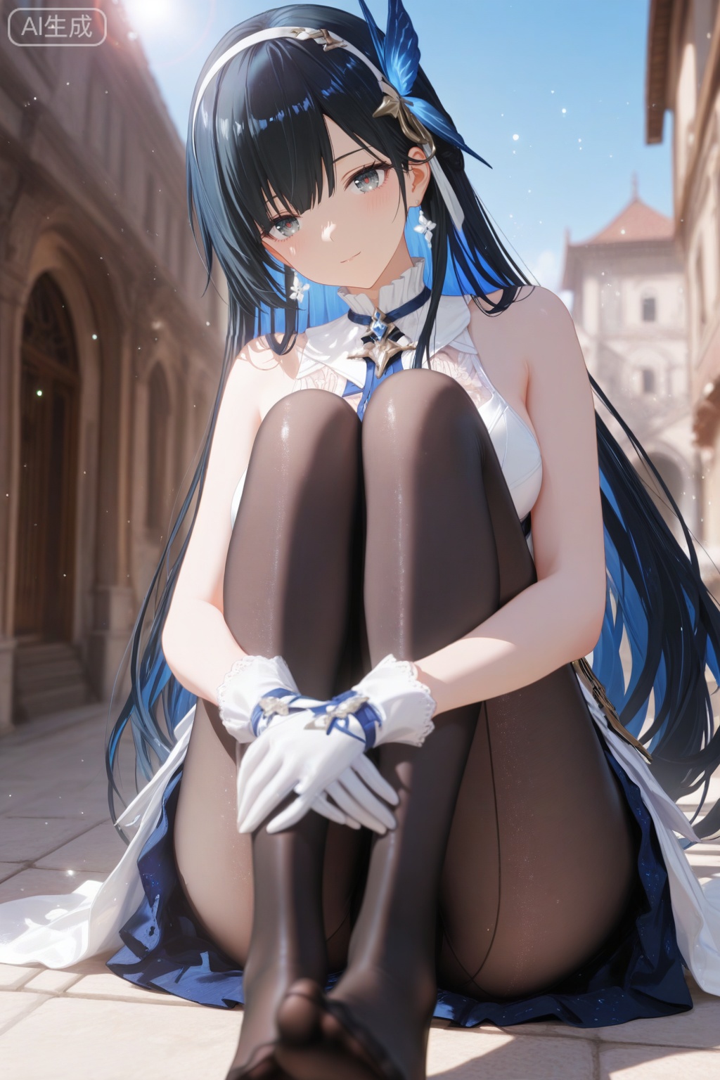 depth of field,light particles,lens flare,masterpiece,best quality,absurdres,newest,very aesthetic,amazing quality,highres,light particles,lens flare,motion blur,dutch angle,masterpiece,best quality,amazing quality,lazypos,lazyup,high detail,subtle,high contrast,real background,smooth shading,glossy surfaces,colorful depth,enthusiasm,diagonal angle,high angle,dak depth,masterful shading,low kye,dak depth,chiaroscuro,impasto,(shallow depth of field:1.4),(foreshortening:1.4),((artist:reoen),(artist:fuzichoco),(artist:atdan),(artist:torino_aqua:0.5),year 2024:0.5),(artist:omone_hokoma_agm:0.8),2d,anime,from above,dutch angle,1girl,solo,long hair,breasts,looking at viewer,bangs,blue eyes,black hair,hair ornament,gloves,dress,bare shoulders,closed mouth,blue hair,flower,multicolored hair,hairband,sleeveless,white gloves,two-tone hair,sleeveless dress,colored inner hair,detailed eyes,black pantyhose,sitting,feet, toes,outdoors,blue sky,sunlight,day,from above,hugging own legs,selena,gentle smile,parted lips,shiny skin,dutch angle