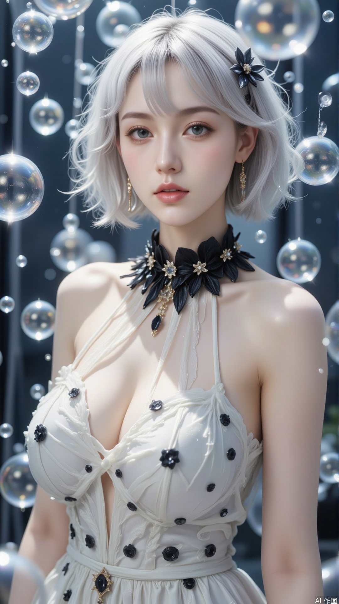 surrounded by bubbles,bubble, This girl has short silver-white hair, a slim figure, and a delicate face. She is wearing a white tulle dress with black polka dots, the design is unique with black decorations on the shoulders, making the overall look elegant and stylish.