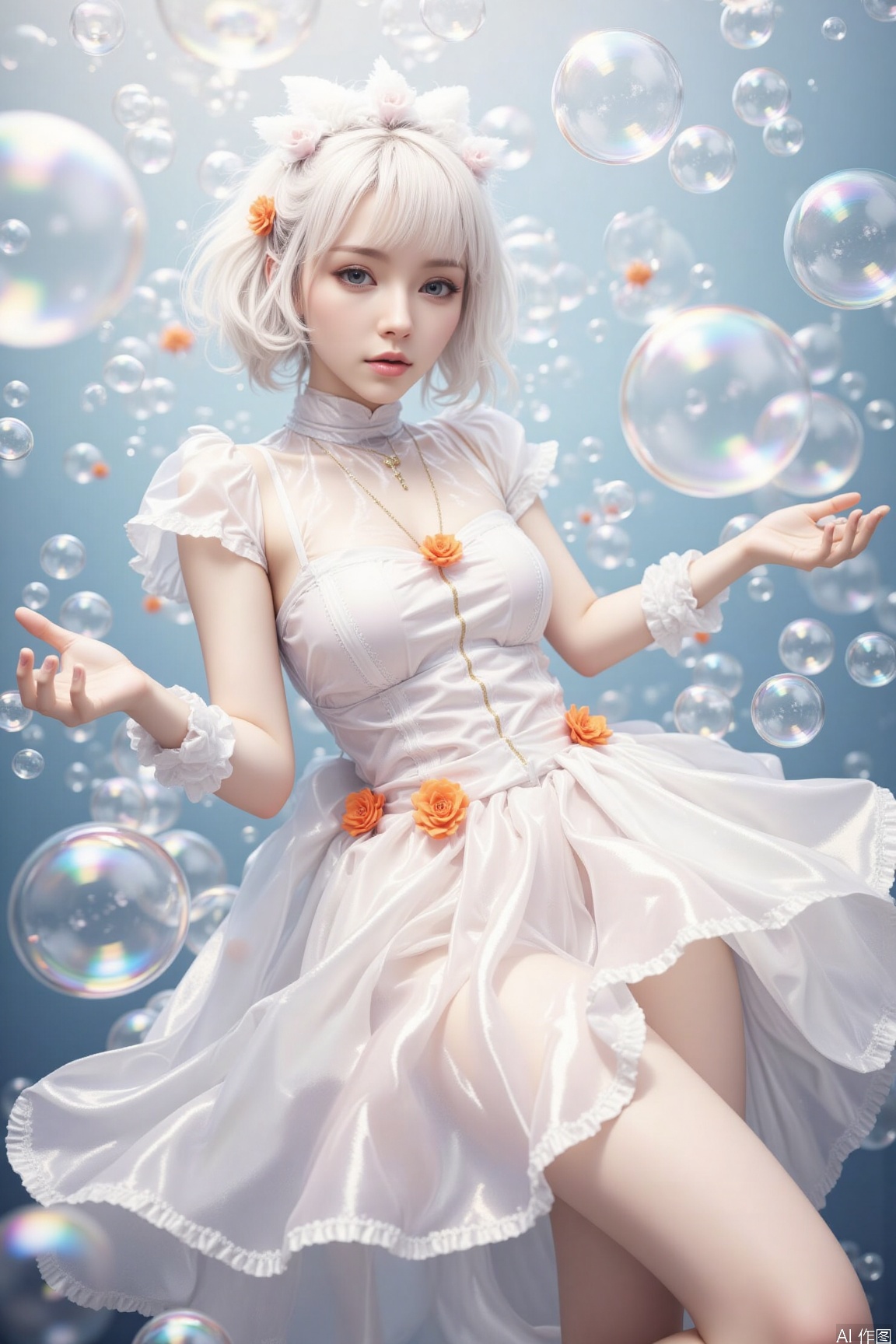 surrounded by bubbles,bubble, looking at viewer, This girl has fluffy white short hair, a petite figure, and a lovely face. She is wearing a white tulle dress adorned with orange decorations, which looks lively and vivid.