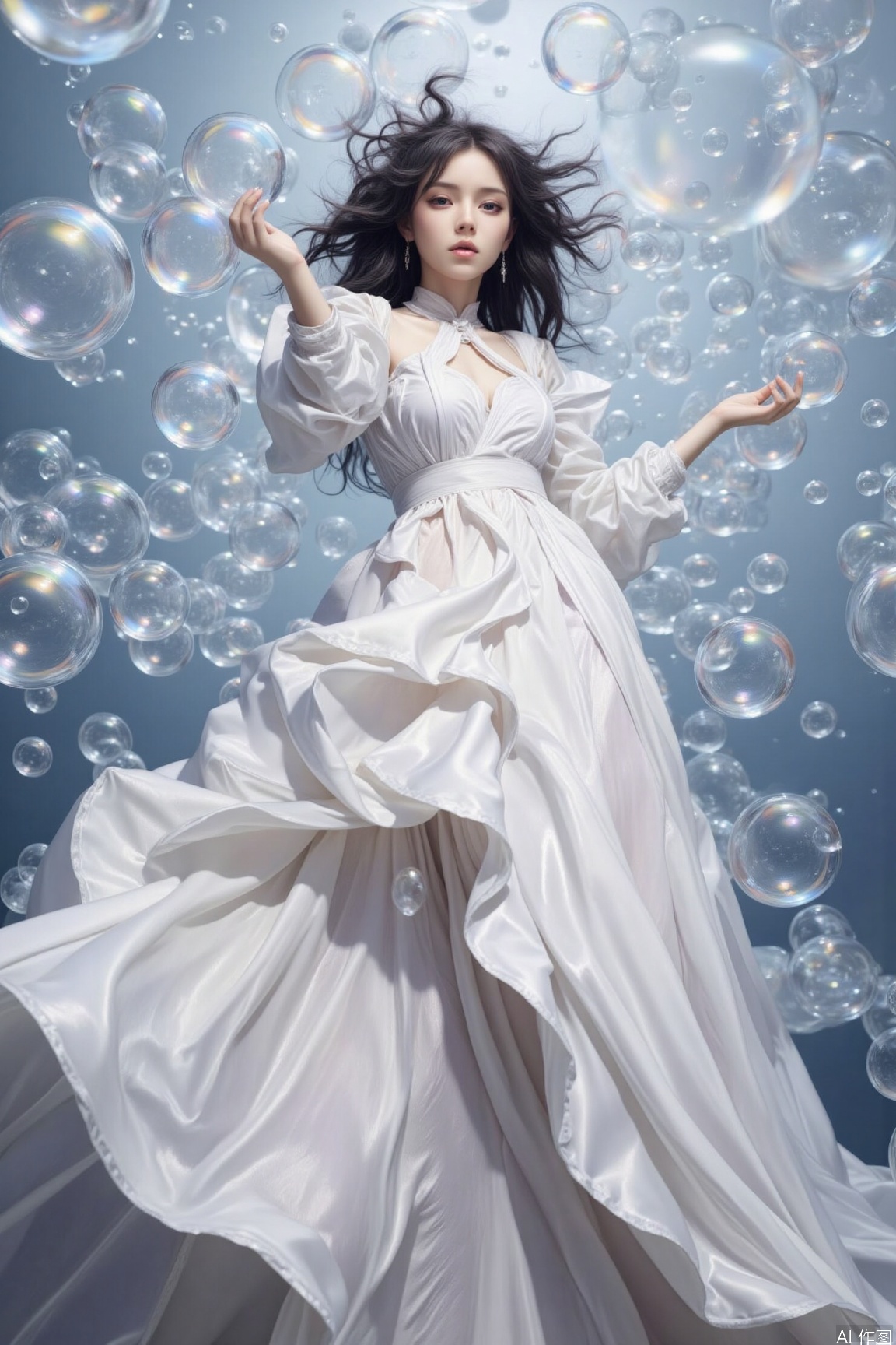 surrounded by bubbles,bubble, This girl has voluminous dark curly hair, a well-proportioned figure, and a soft face. She is wearing a white long dress with a complex and delicate design, featuring pleats and layered elements, making the overall look magnificent and artistic.