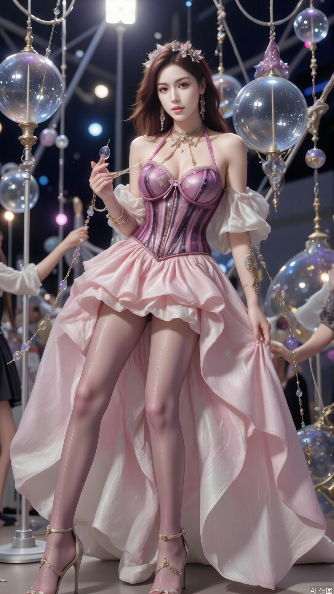 A virtual female character with a distinctive look. She has shoulder - length wine - red hair, adorned with delicate hair accessories, adding a touch of opulence on the stage. Her upper body is dressed in a halter - neck top with pink and black plaid patches. Paired with a pink corset and transparent mesh, it showcases her curvaceous figure. Her lower body features a pink multi - layer ruffled short skirt, both cute and stylish. She wears purple stockings with diamond - shaped patterns and white high - heel shoes. Moreover, she accessorizes with armlets and leg straps. The overall style is cool yet sweet, brimming with fashion charm.,embossed high heels,surrounded by bubbles