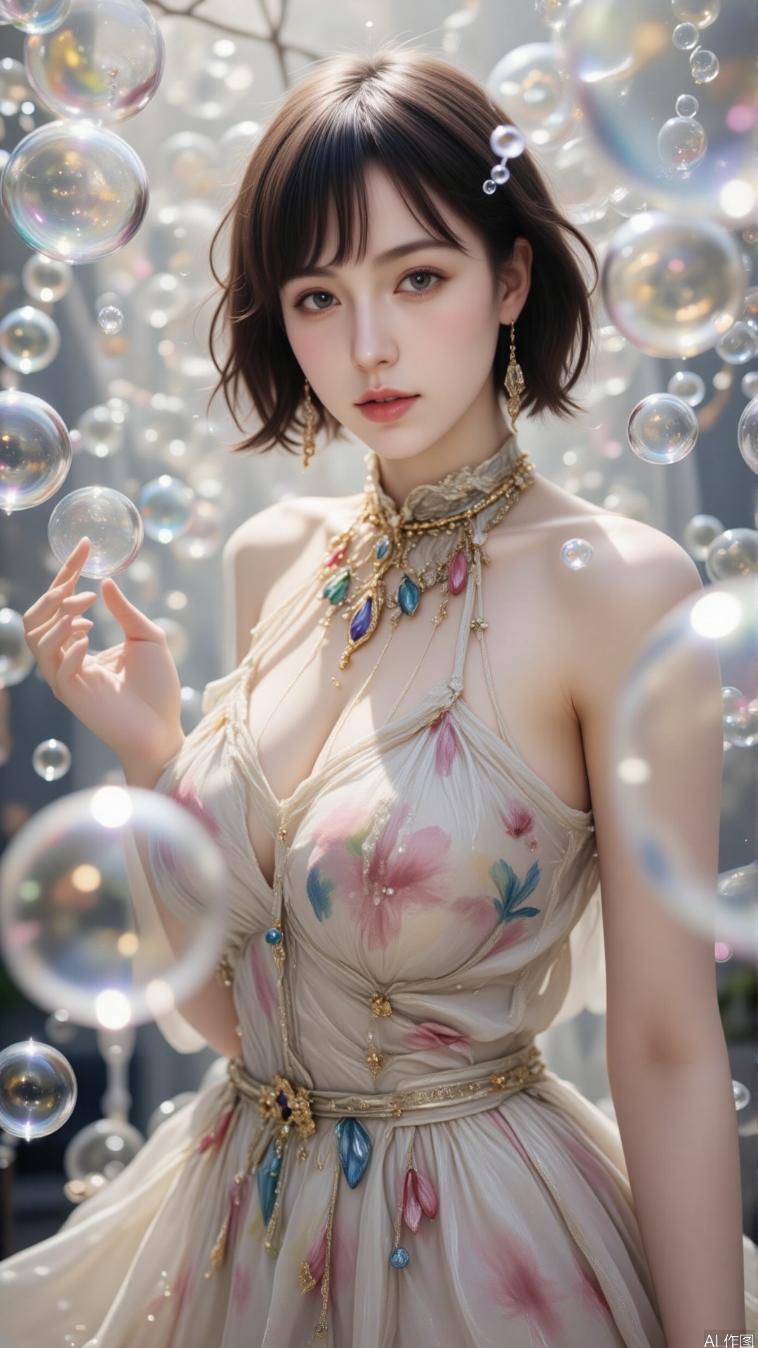 surrounded by bubbles,bubble, This girl has short brown hair, a slim figure, and a delicate face. She is wearing a colorful dress adorned with transparent tulle, which looks fashionable and full of personality.necklace,