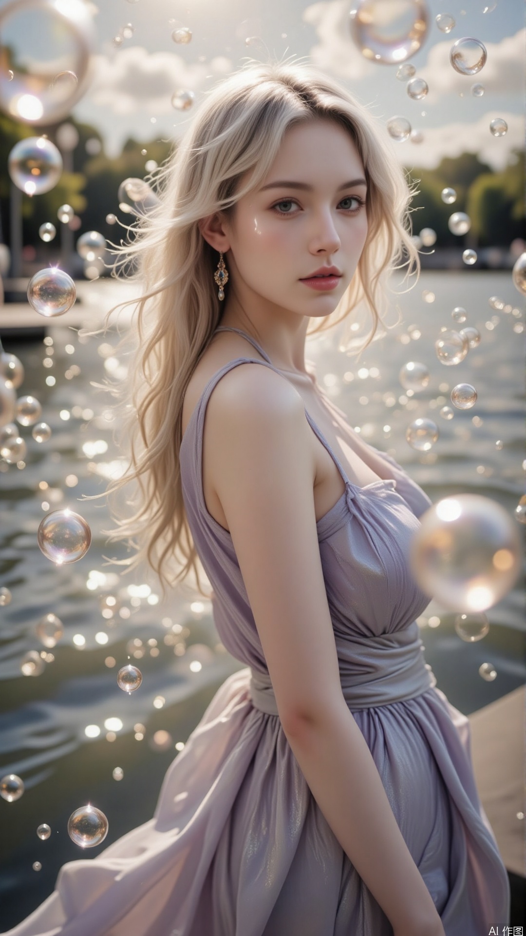 On the dusk lakeside pier, a woman in misty purple satin mermaid dress looks back at the glistening waves. Her slender figure with delicate shoulders is softened by the sunset, platinum blonde hair billowing in the breeze. Hundreds of rose gold bubbles float beside her, creating illusory reflections with the water surface. Shot with Hasselblad medium format and 120mm f/2.8 lens, sidelight backlighting enhances the velvet texture of her hair, ISO 100 preserving shadow details. The color scheme blends lavender purple and amber gold, bubbles showing slight matte finish.