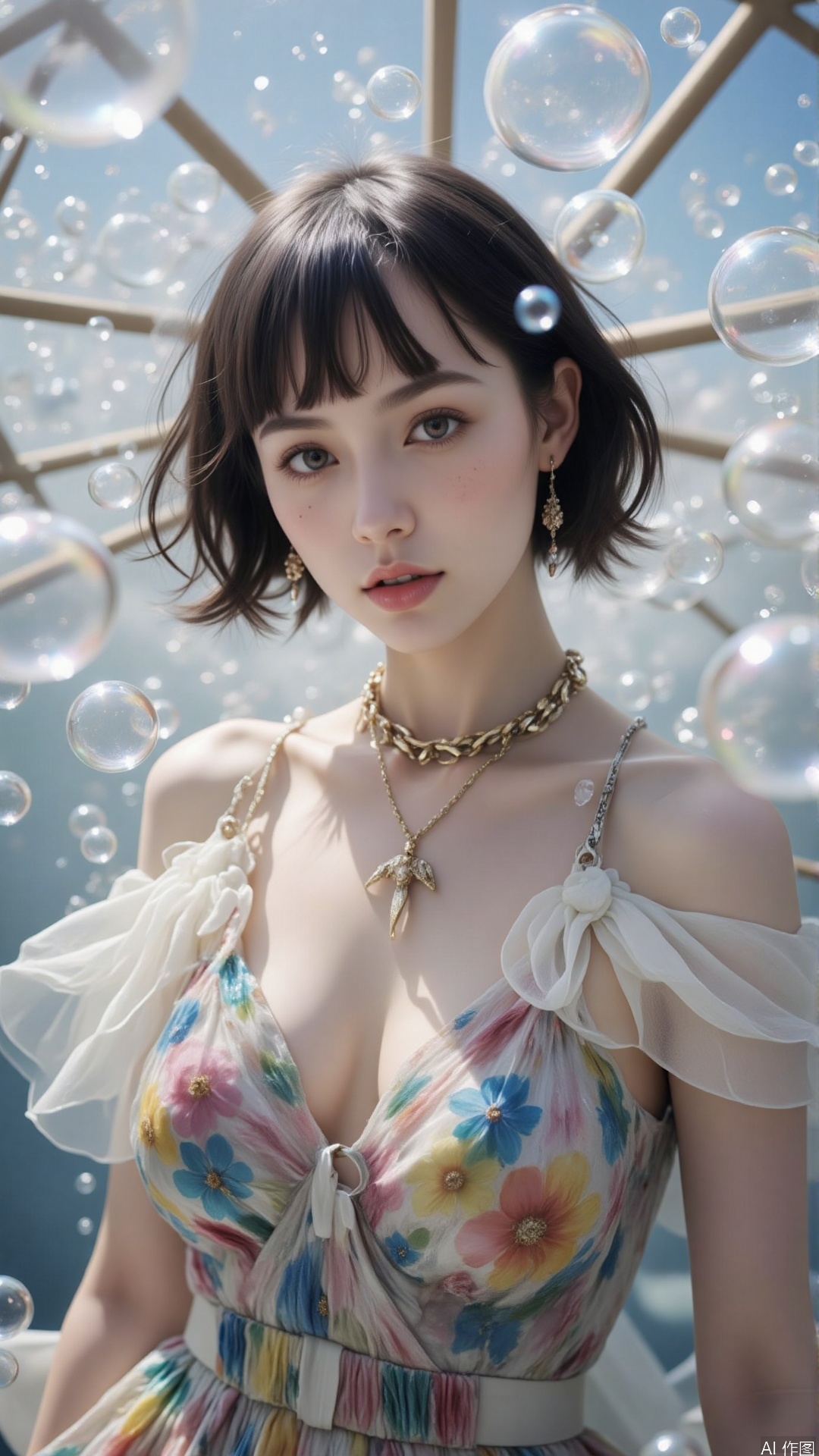 surrounded by bubbles,bubble, This girl has short brown hair, a slim figure, and a delicate face. She is wearing a colorful dress adorned with transparent tulle, which looks fashionable and full of personality.necklace,