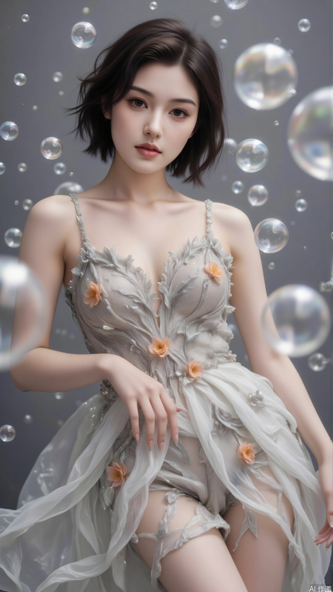 surrounded by bubbles,bubble, looking at viewer, This girl has dark curly hair, a slim figure, and a delicate face. She is wearing a tulle dress with gray and orange patterns, the design is complex and layered, making the overall look elegant and artistic. Surrounded by bubbles, she seems to be in a dreamy world.