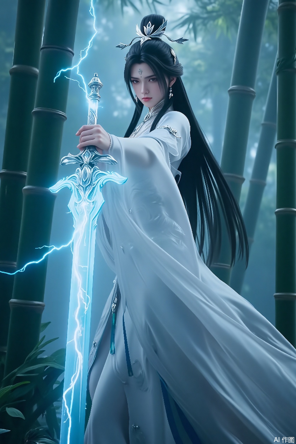 In the depths of a serene bamboo forest, a stunningly beautiful woman emerges as if stepping out of a painting, her presence seemingly freezing the air around her. A mysterious mark adorns her forehead, shining like the brightest star in the night sky, complementing her snow-white complexion. Her jet-black hair cascades like a waterfall, swaying gently in the breeze, intertwining with the bamboo leaves to create a mesmerizing scene. Her gray eyes are deep and clear, as if capable of perceiving all things in the world. She is clad in a white Han-style dress, its hem light and flowing, as soft as a cloud. The sleeves of her robe flutter, dancing in harmony with the bamboo leaves, as though she has become one with the forest. In her hand, she holds a gleaming sword, its blade entwined with dazzling lightning. With each flash of electricity, it seems as though the void itself could be torn apart. Where the sword points, a magical array slowly rotates in the air, emanating a mysterious and powerful energy. In the background, the bamboo forest is lush and verdant, its leaves fluttering in the air like countless dancing butterflies. The entire scene is dominated by a white palette, appearing pure and sacred. Her figure stands out vividly in this white world, like a celestial maiden descending to the mortal realm, carrying an aura of endless mystery and power.