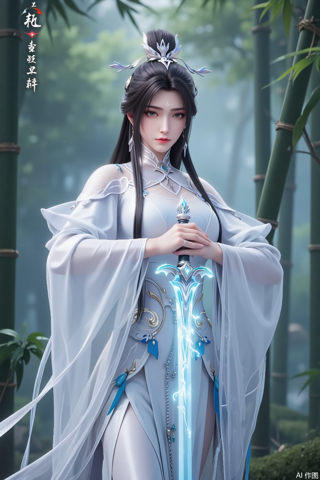In the depths of a serene bamboo forest, a stunningly beautiful woman emerges as if stepping out of a painting, her presence seemingly freezing the air around her. A mysterious mark adorns her forehead, shining like the brightest star in the night sky, complementing her snow-white complexion. Her jet-black hair cascades like a waterfall, swaying gently in the breeze, intertwining with the bamboo leaves to create a mesmerizing scene. Her gray eyes are deep and clear, as if capable of perceiving all things in the world. She is clad in a white Han-style dress, its hem light and flowing, as soft as a cloud. The sleeves of her robe flutter, dancing in harmony with the bamboo leaves, as though she has become one with the forest. In her hand, she holds a gleaming sword, its blade entwined with dazzling lightning. With each flash of electricity, it seems as though the void itself could be torn apart. Where the sword points, a magical array slowly rotates in the air, emanating a mysterious and powerful energy. In the background, the bamboo forest is lush and verdant, its leaves fluttering in the air like countless dancing butterflies. The entire scene is dominated by a white palette, appearing pure and sacred. Her figure stands out vividly in this white world, like a celestial maiden descending to the mortal realm, carrying an aura of endless mystery and power.