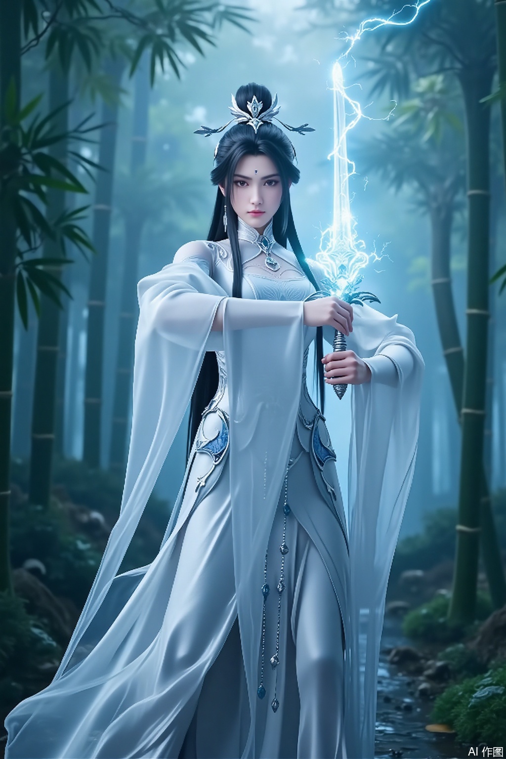 In the depths of a serene bamboo forest, a stunningly beautiful woman emerges as if stepping out of a painting, her presence seemingly freezing the air around her. A mysterious mark adorns her forehead, shining like the brightest star in the night sky, complementing her snow-white complexion. Her jet-black hair cascades like a waterfall, swaying gently in the breeze, intertwining with the bamboo leaves to create a mesmerizing scene. Her gray eyes are deep and clear, as if capable of perceiving all things in the world. She is clad in a white Han-style dress, its hem light and flowing, as soft as a cloud. The sleeves of her robe flutter, dancing in harmony with the bamboo leaves, as though she has become one with the forest. In her hand, she holds a gleaming sword, its blade entwined with dazzling lightning. With each flash of electricity, it seems as though the void itself could be torn apart. Where the sword points, a magical array slowly rotates in the air, emanating a mysterious and powerful energy. In the background, the bamboo forest is lush and verdant, its leaves fluttering in the air like countless dancing butterflies. The entire scene is dominated by a white palette, appearing pure and sacred. Her figure stands out vividly in this white world, like a celestial maiden descending to the mortal realm, carrying an aura of endless mystery and power.