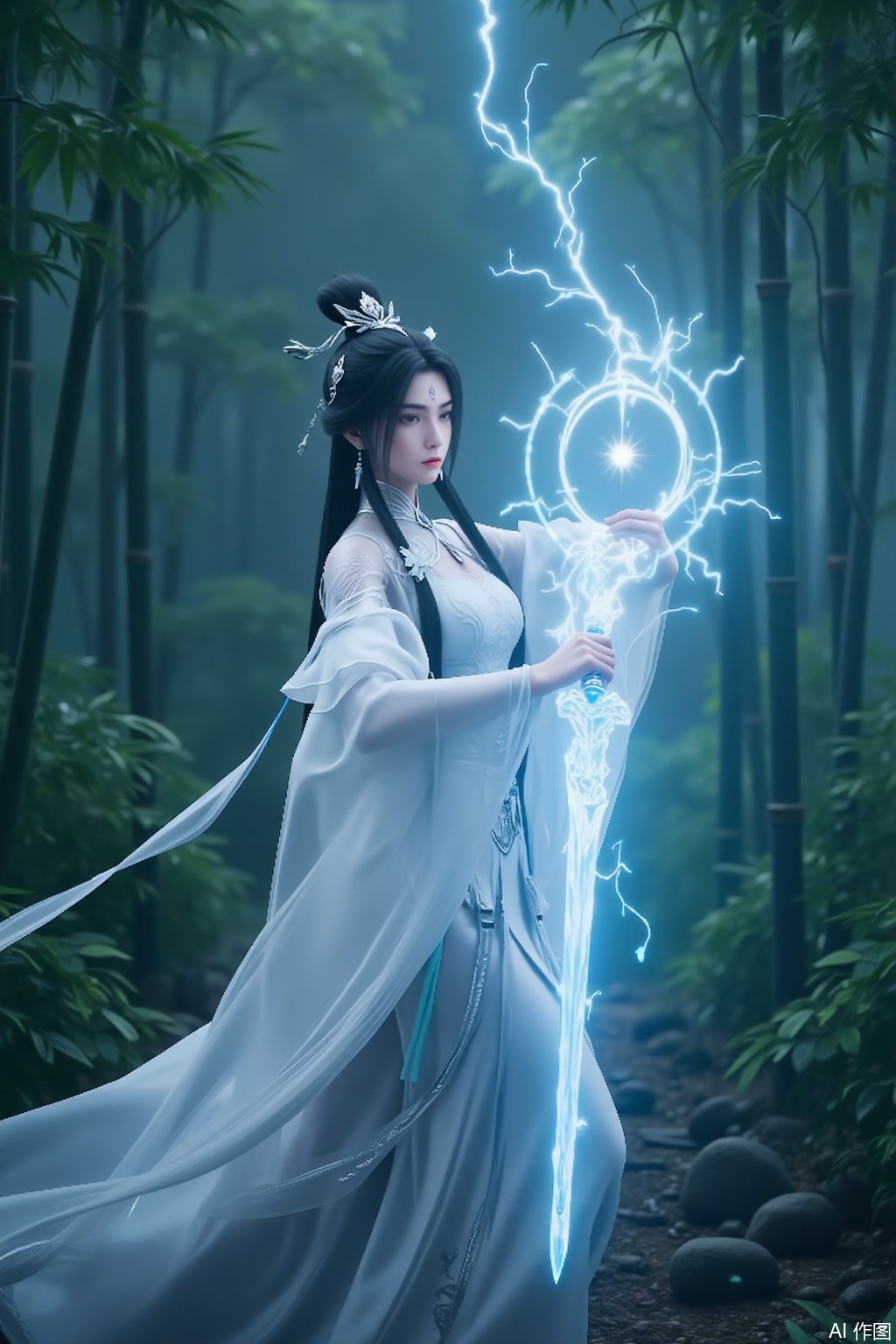 In the depths of a serene bamboo forest, a stunningly beautiful woman emerges as if stepping out of a painting, her presence seemingly freezing the air around her. A mysterious mark adorns her forehead, shining like the brightest star in the night sky, complementing her snow-white complexion. Her jet-black hair cascades like a waterfall, swaying gently in the breeze, intertwining with the bamboo leaves to create a mesmerizing scene. Her gray eyes are deep and clear, as if capable of perceiving all things in the world. She is clad in a white Han-style dress, its hem light and flowing, as soft as a cloud. The sleeves of her robe flutter, dancing in harmony with the bamboo leaves, as though she has become one with the forest. In her hand, she holds a gleaming sword, its blade entwined with dazzling lightning. With each flash of electricity, it seems as though the void itself could be torn apart. Where the sword points, a magical array slowly rotates in the air, emanating a mysterious and powerful energy. In the background, the bamboo forest is lush and verdant, its leaves fluttering in the air like countless dancing butterflies. The entire scene is dominated by a white palette, appearing pure and sacred. Her figure stands out vividly in this white world, like a celestial maiden descending to the mortal realm, carrying an aura of endless mystery and power.