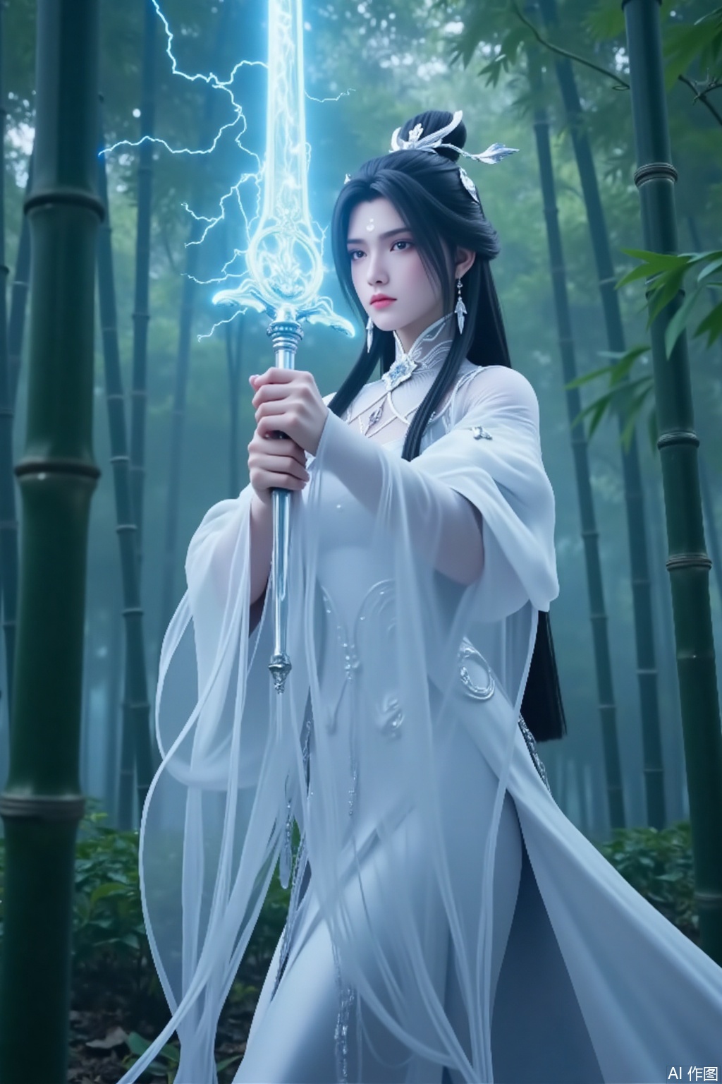 In the depths of a serene bamboo forest, a stunningly beautiful woman emerges as if stepping out of a painting, her presence seemingly freezing the air around her. A mysterious mark adorns her forehead, shining like the brightest star in the night sky, complementing her snow-white complexion. Her jet-black hair cascades like a waterfall, swaying gently in the breeze, intertwining with the bamboo leaves to create a mesmerizing scene. Her gray eyes are deep and clear, as if capable of perceiving all things in the world. She is clad in a white Han-style dress, its hem light and flowing, as soft as a cloud. The sleeves of her robe flutter, dancing in harmony with the bamboo leaves, as though she has become one with the forest. In her hand, she holds a gleaming sword, its blade entwined with dazzling lightning. With each flash of electricity, it seems as though the void itself could be torn apart. Where the sword points, a magical array slowly rotates in the air, emanating a mysterious and powerful energy. In the background, the bamboo forest is lush and verdant, its leaves fluttering in the air like countless dancing butterflies. The entire scene is dominated by a white palette, appearing pure and sacred. Her figure stands out vividly in this white world, like a celestial maiden descending to the mortal realm, carrying an aura of endless mystery and power.