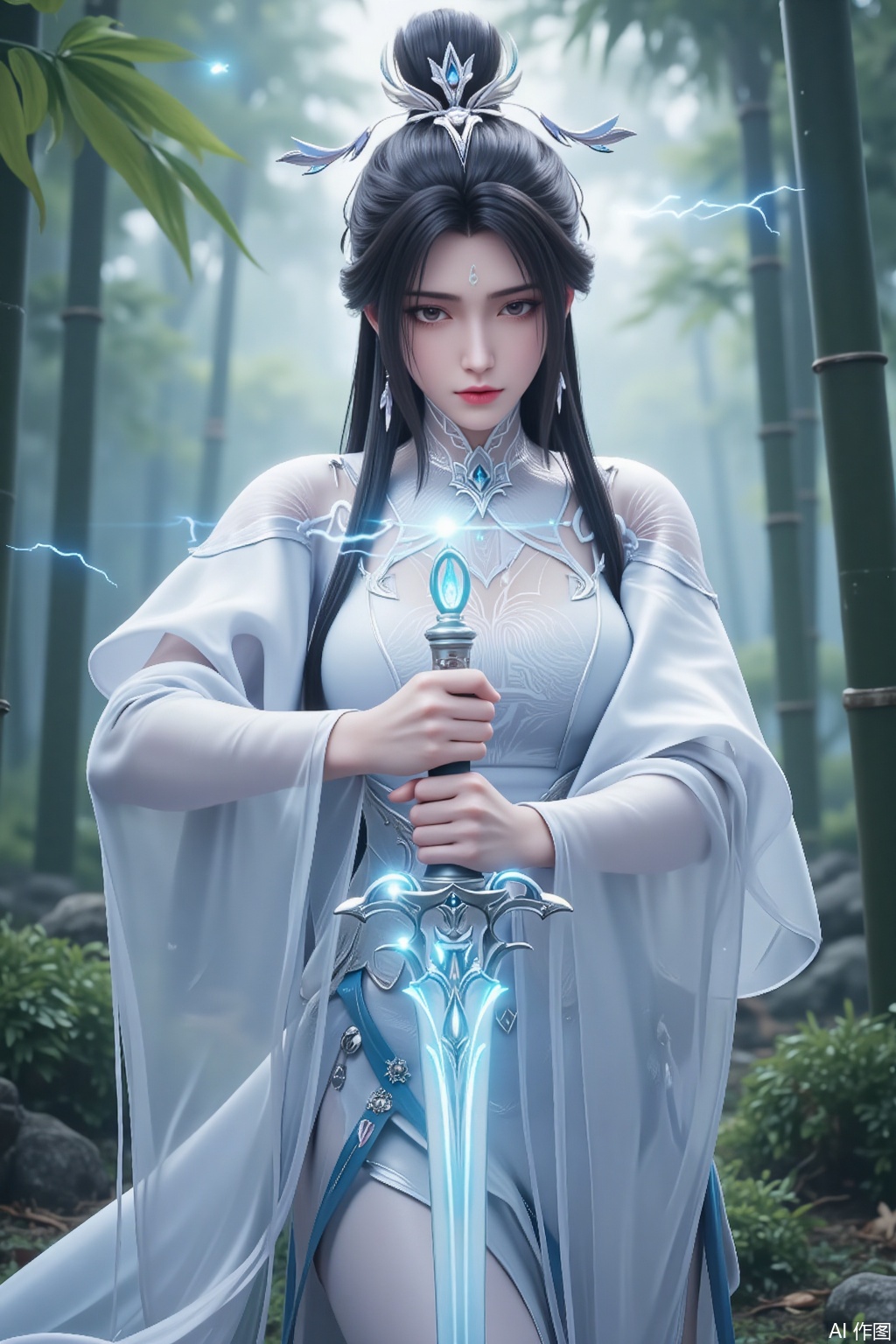 In the depths of a serene bamboo forest, a stunningly beautiful woman emerges as if stepping out of a painting, her presence seemingly freezing the air around her. A mysterious mark adorns her forehead, shining like the brightest star in the night sky, complementing her snow-white complexion. Her jet-black hair cascades like a waterfall, swaying gently in the breeze, intertwining with the bamboo leaves to create a mesmerizing scene. Her gray eyes are deep and clear, as if capable of perceiving all things in the world. She is clad in a white Han-style dress, its hem light and flowing, as soft as a cloud. The sleeves of her robe flutter, dancing in harmony with the bamboo leaves, as though she has become one with the forest. In her hand, she holds a gleaming sword, its blade entwined with dazzling lightning. With each flash of electricity, it seems as though the void itself could be torn apart. Where the sword points, a magical array slowly rotates in the air, emanating a mysterious and powerful energy. In the background, the bamboo forest is lush and verdant, its leaves fluttering in the air like countless dancing butterflies. The entire scene is dominated by a white palette, appearing pure and sacred. Her figure stands out vividly in this white world, like a celestial maiden descending to the mortal realm, carrying an aura of endless mystery and power.