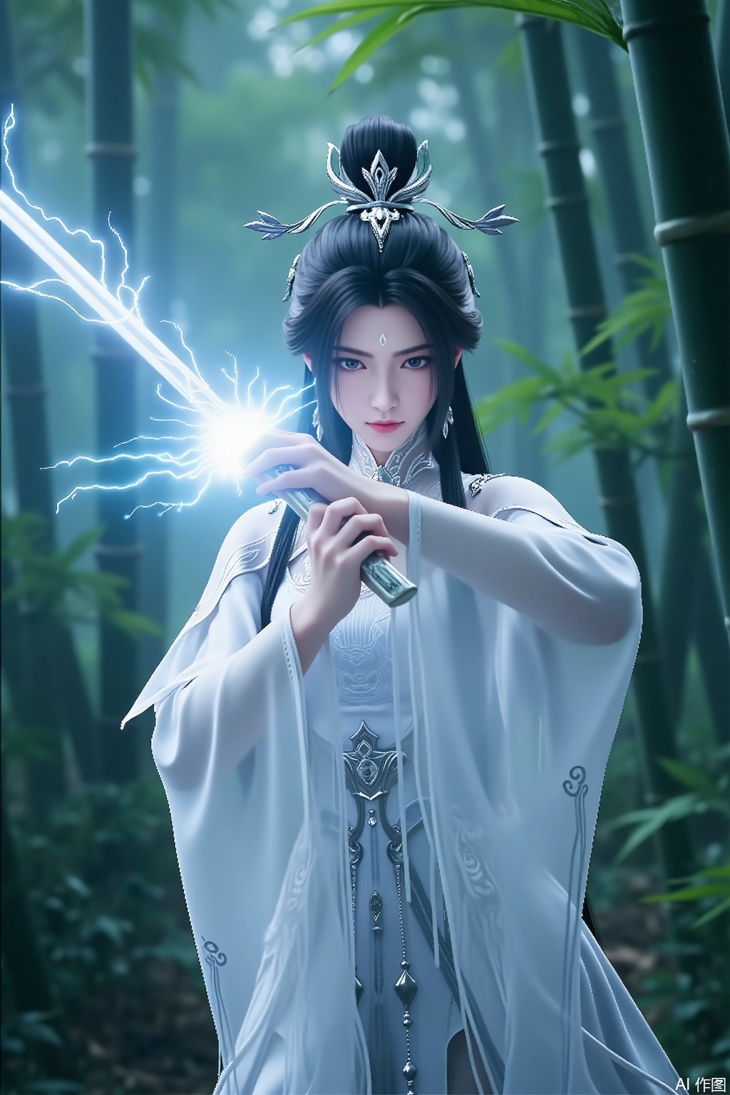 In the depths of a serene bamboo forest, a stunningly beautiful woman emerges as if stepping out of a painting, her presence seemingly freezing the air around her. A mysterious mark adorns her forehead, shining like the brightest star in the night sky, complementing her snow-white complexion. Her jet-black hair cascades like a waterfall, swaying gently in the breeze, intertwining with the bamboo leaves to create a mesmerizing scene. Her gray eyes are deep and clear, as if capable of perceiving all things in the world. She is clad in a white Han-style dress, its hem light and flowing, as soft as a cloud. The sleeves of her robe flutter, dancing in harmony with the bamboo leaves, as though she has become one with the forest. In her hand, she holds a gleaming sword, its blade entwined with dazzling lightning. With each flash of electricity, it seems as though the void itself could be torn apart. Where the sword points, a magical array slowly rotates in the air, emanating a mysterious and powerful energy. In the background, the bamboo forest is lush and verdant, its leaves fluttering in the air like countless dancing butterflies. The entire scene is dominated by a white palette, appearing pure and sacred. Her figure stands out vividly in this white world, like a celestial maiden descending to the mortal realm, carrying an aura of endless mystery and power.