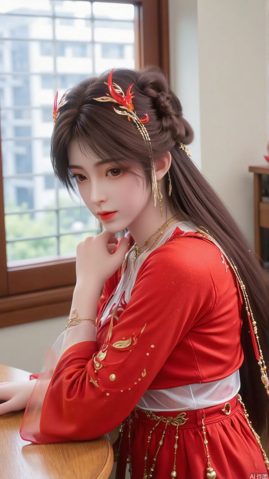 A girl wearing a red dress. Black hair. Headwear. Necklace. Earrings. Jewellery. Accessories. Indoor. window. Sitting on a wooden table.