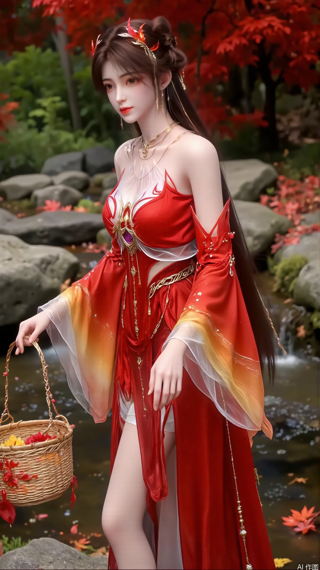Half body photo. the upper part of the body. Close up of characters. A young and beautiful woman, aged around 18-25, with delicate facial features. Creative makeup with ancient style, with long and raised eyebrows. Glowing eye shadow. Eyelashes. Exquisite eyes. Fair hands. Nail.
With a natural smile, the smile is warm and infectious, with brown eyes. Smooth and delicate skin.
With a natural smile.
Makeup
The eyebrows are slender and slightly raised, exuding charm and confidence. The eye makeup adopts a red blend, which corresponds to the color of the clothing, and is embellished with bright colors at the end of the eyes, making the eyes bright and charming. Thick curly eyelashes and delicate eyeliner enhance the depth of the eyes. Lip makeup is a bright red color, full and glossy, highlighting the character's brightness and boldness. The skin is fair, the face is delicate, and the overall makeup highlights a passionate and charming style.
Hair accessories
The long black hair is combed into a complex braided shape, with a strand of hair hanging down on each side, adding a soft and graceful touch. Wearing red as the main color scheme on the head, the hair accessory is adorned with exquisite gemstones and metal decorations, resembling flames and wings, matching the overall design theme, both gorgeous and dynamic.
The red strapless style is decorated with white patterns and silver lines on the edges, highlighting the chest lines while adding a sense of layering. The shoulder is equipped with a wide sleeve hem combining red and transparent chiffon, with gradient colors and flowing textures on the chiffon, like flames burning. The left shoulder is adorned with silver glowing embroidery.
Rich in color, gradually changing from red to orange, yellow, etc., with a strong visual impact. Paired with a gold chain decoration around the waist, it adds a sense of luxury.
Clothing material
The strapless part and the main body of the skirt are made of silk, with a smooth surface, bright colors, and a good sense of sagging, which can effectively outline the curves of the body. The thin gauze on the shoulders is light and transparent, with a certain glossiness, appearing agile and graceful when fluttering in the wind.
Dressing up
The overall outfit is dominated by red, bold and passionate, showcasing a strong personality. The combination of strapless, slit skirt and flowing sheer sleeve hem not only has a sexy element, but also exudes a dynamic and graceful vibe. The rich decorative elements, as well as accessories such as gems and metal chains, make the clothing look extremely gorgeous and full of mythological colors. Holding a flower basket in both hands. The basket is woven from bamboo. The basket is filled with bright flowers. Elegant posture.
The background is a maple forest. The ground is covered with red maple leaves. Stream. Clear and transparent water. Maple leaves floating on the water surface. The stone is covered in moss. Clear background. 16k. A masterpiece. HD。