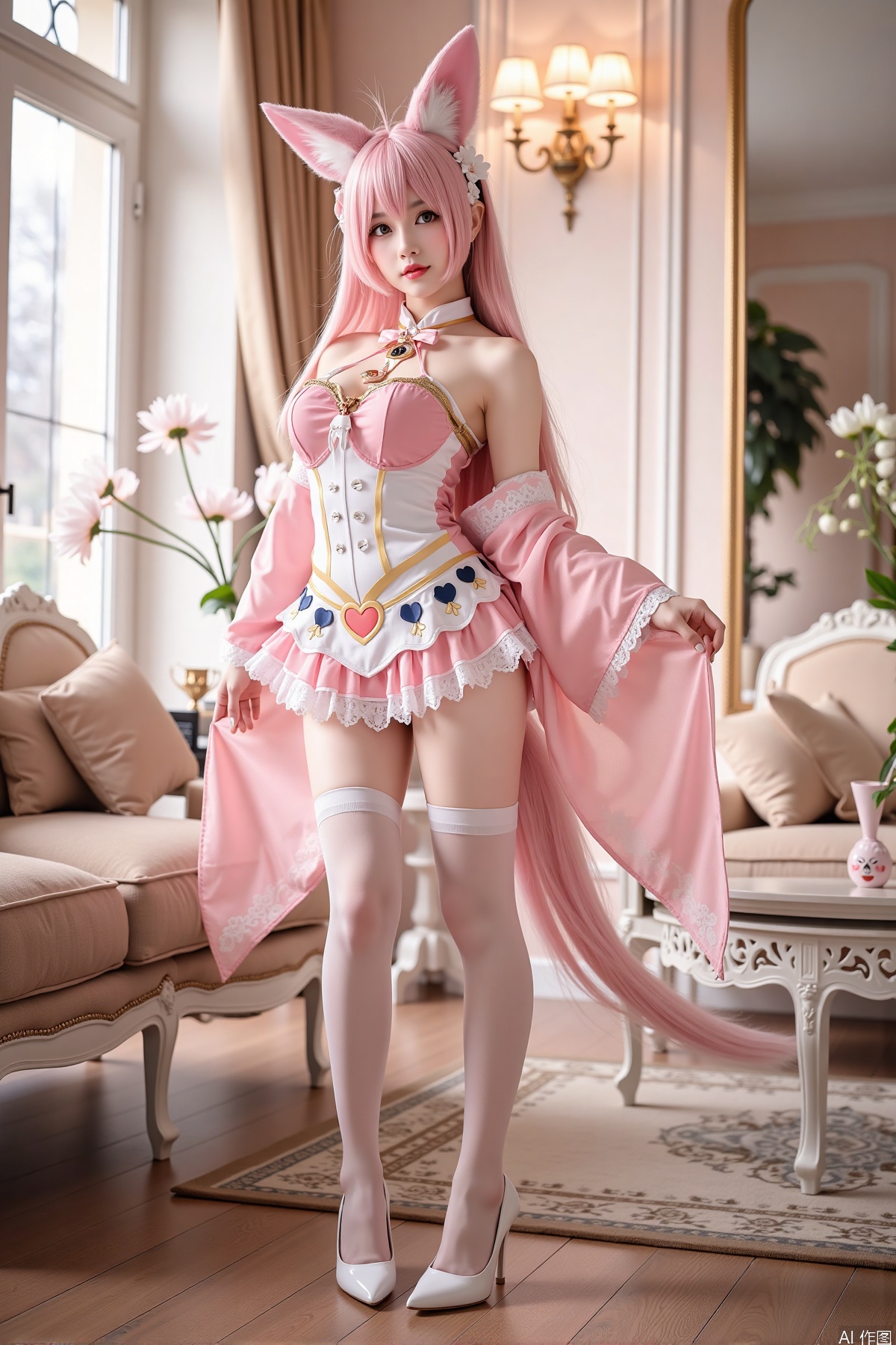 Realistic photo, one young woman, long hair, fair skin, big breasts, fox ears, fox tail, daji cosplay costume, stockings, long legs, high heels, full body, standing, luxury living room, flowers,