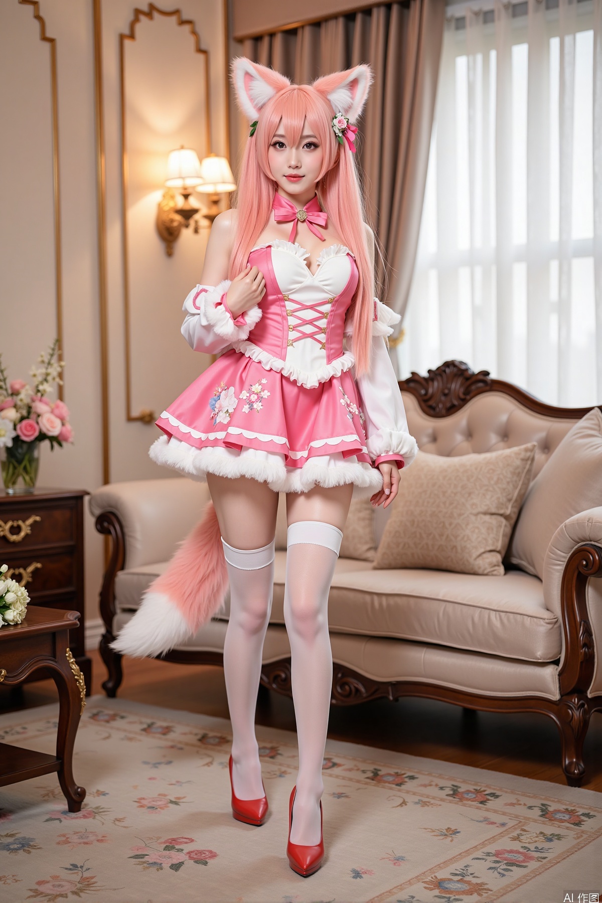 Realistic photo, one young woman, long hair, fair skin, big breasts, fox ears, fox tail, daji cosplay costume, stockings, long legs, high heels, full body, standing, luxury living room, flowers,