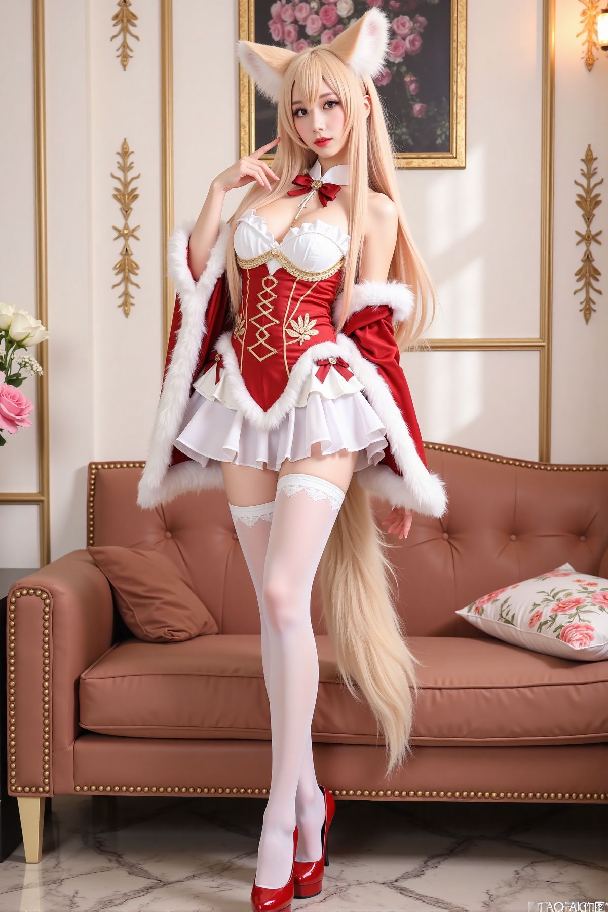 Realistic photo, one young woman, long hair, fair skin, big breasts, fox ears, fox tail, daji cosplay costume, stockings, long legs, high heels, full body, standing, luxury living room, flowers,