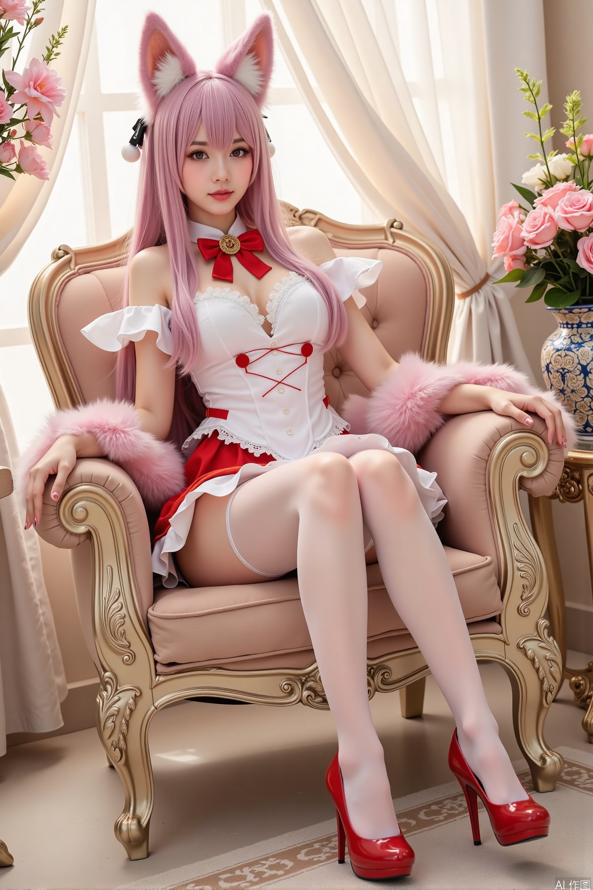 Realistic photo, one young woman, long hair, fair skin, big breasts, fox ears, fox tail, daji cosplay costume, stockings, long legs, high heels, full body, sitting, luxury living room, flowers,