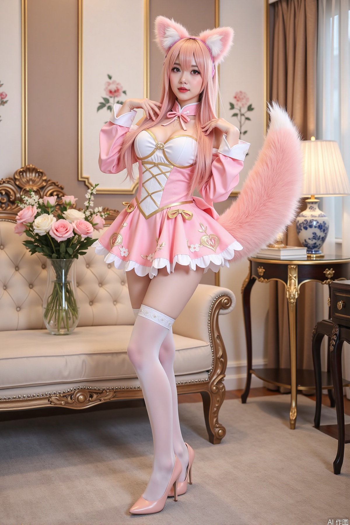 Realistic photo, one young woman, long hair, fair skin, big breasts, fox ears, fox tail, daji cosplay costume, stockings, long legs, high heels, full body, standing, luxury living room, flowers,