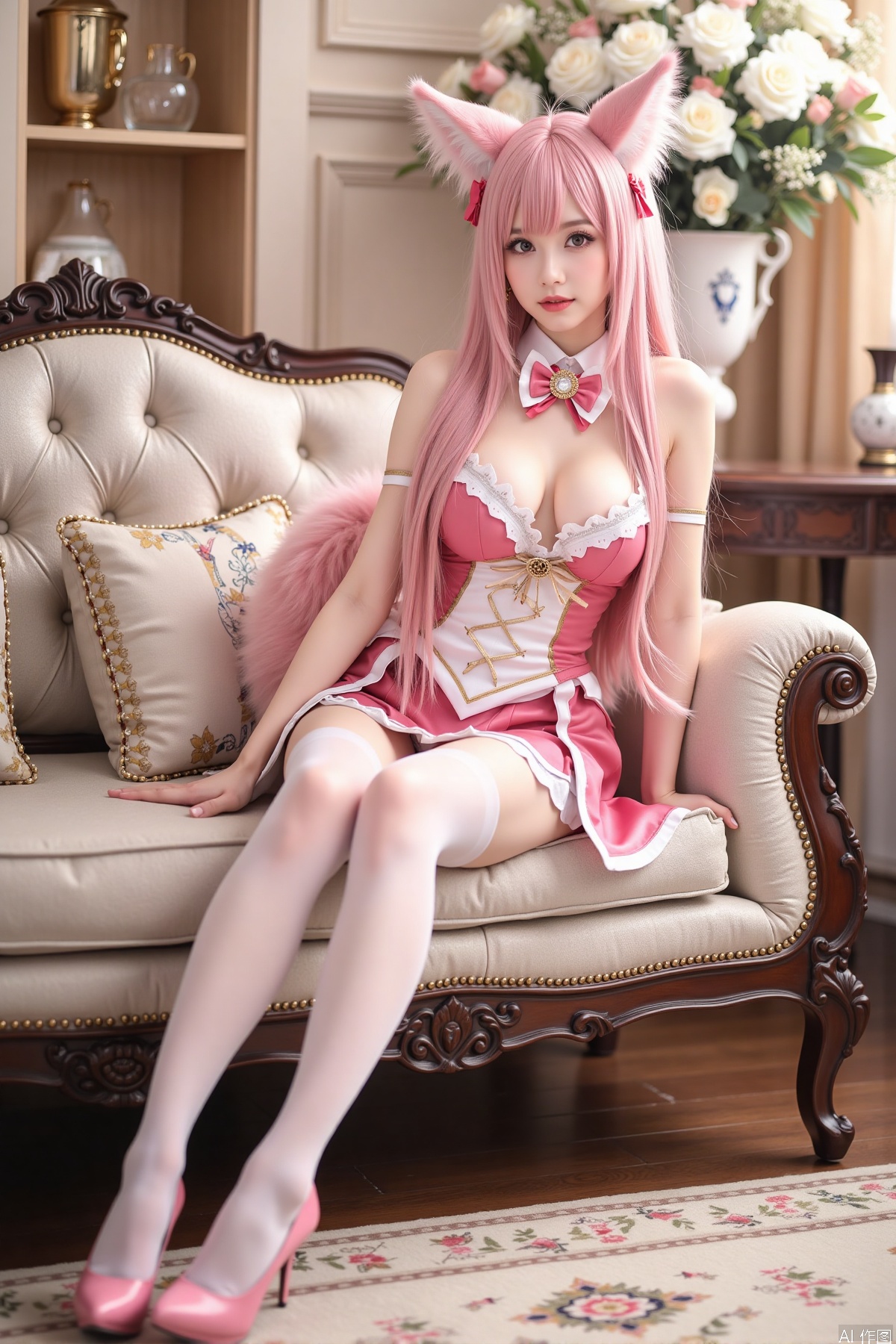 Realistic photo, one young woman, long hair, fair skin, big breasts, fox ears, fox tail, daji cosplay costume, stockings, long legs, high heels, full body, sitting, luxury living room, flowers,