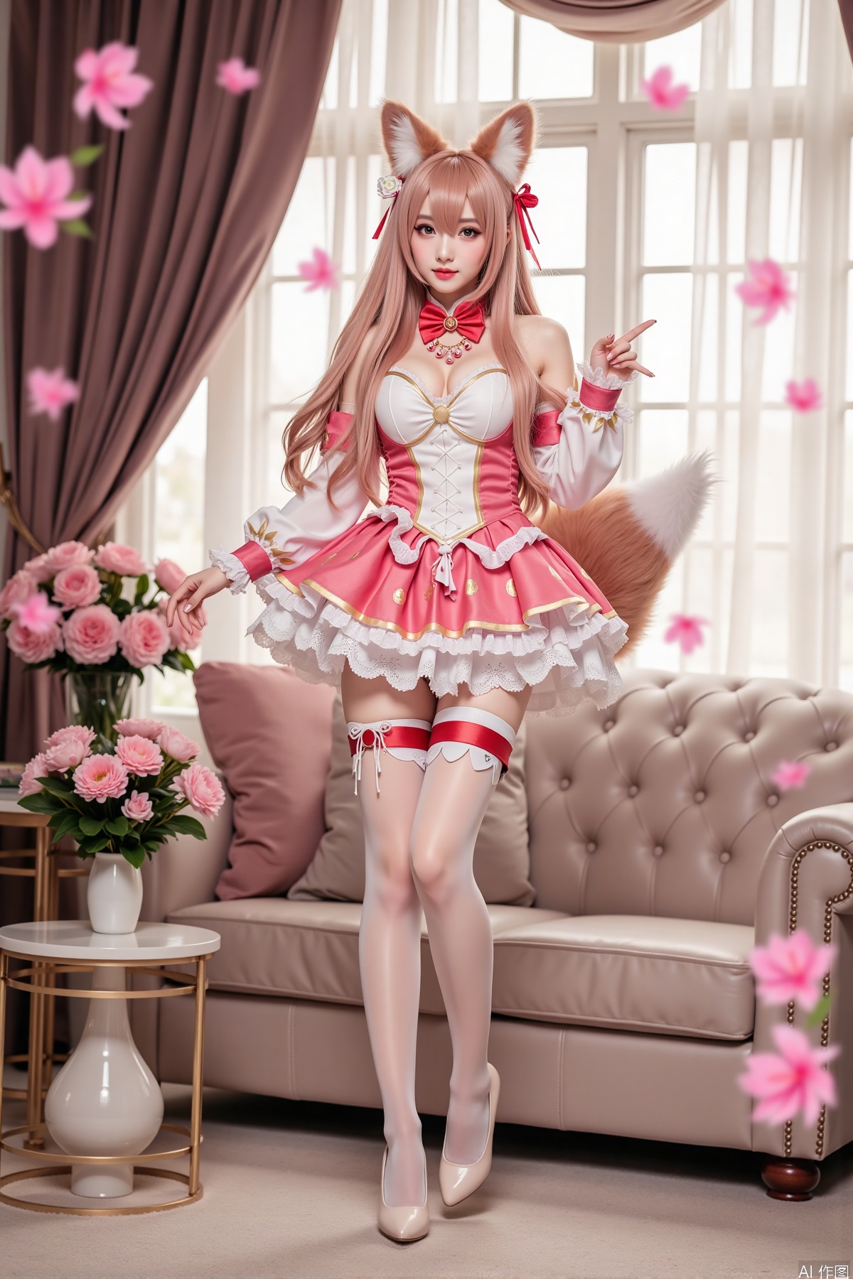 Realistic photo, one young woman, long hair, fair skin, big breasts, fox ears, fox tail, daji cosplay costume, stockings, long legs, high heels, full body, standing, luxury living room, flowers,
