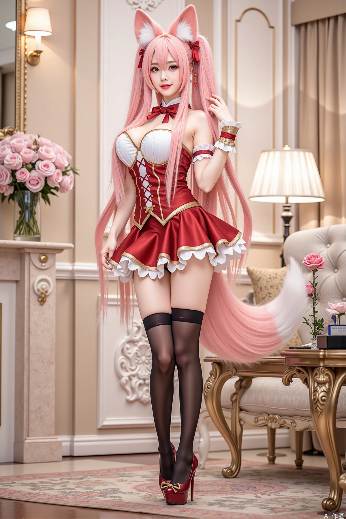 Realistic photo, one young woman, long hair, fair skin, big breasts, fox ears, fox tail, daji cosplay costume, stockings, long legs, high heels, full body, standing, luxury living room, flowers,
