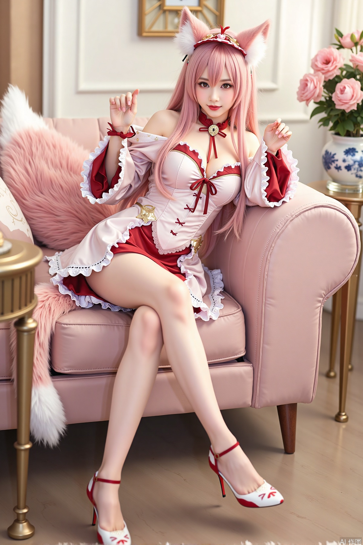 Realistic photo, one young woman, long hair, fair skin, big breasts, fox ears, fox tail, daji cosplay costume, stockings, long legs, high heels, full body, sitting, luxury living room, flowers,