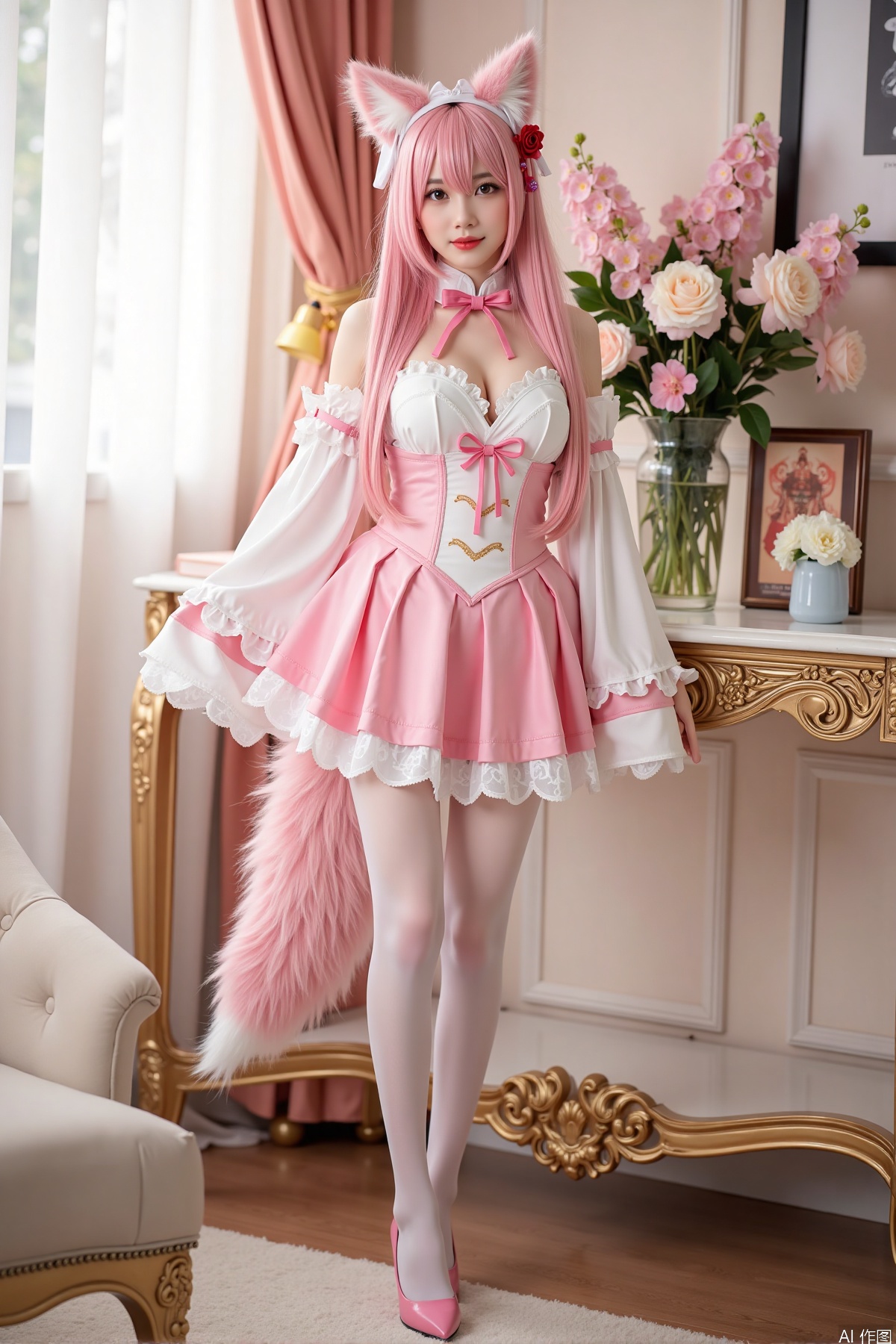 Realistic photo, one young woman, long hair, fair skin, big breasts, fox ears, fox tail, daji cosplay costume, stockings, long legs, high heels, full body, standing, luxury living room, flowers,