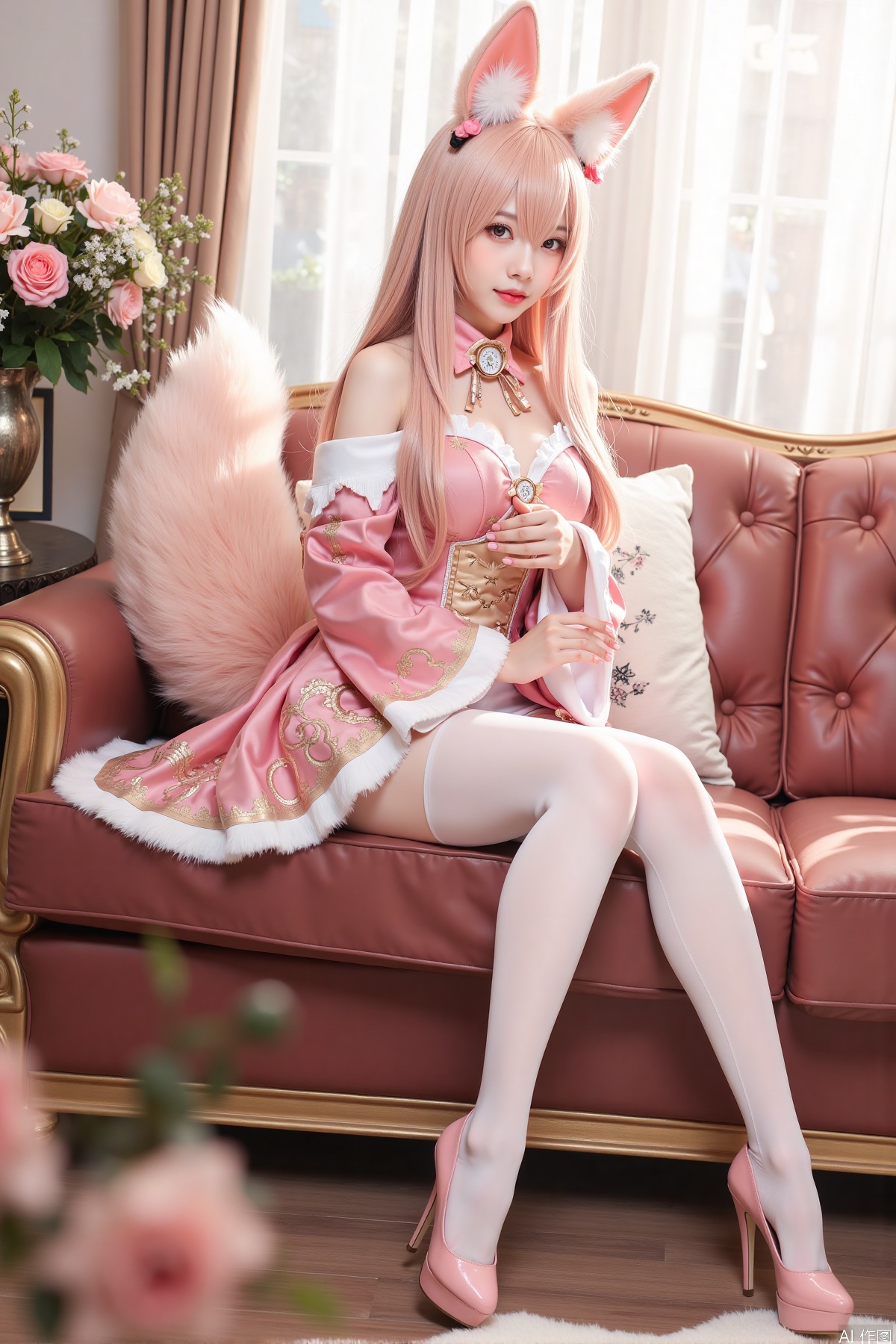 Realistic photo, one young woman, long hair, fair skin, big breasts, fox ears, fox tail, daji cosplay costume, stockings, long legs, high heels, full body, sitting, luxury living room, flowers,